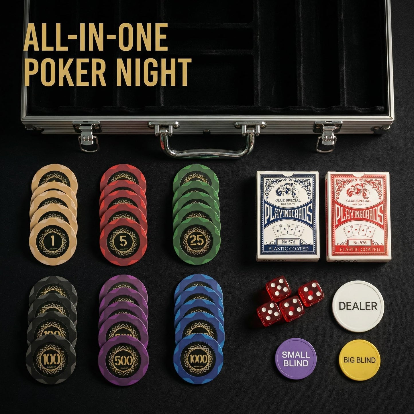 LOYCHIP 500-Piece Poker Chip Set – 14g Heavy Clay Composite, Aluminum Case, Cards & Dice