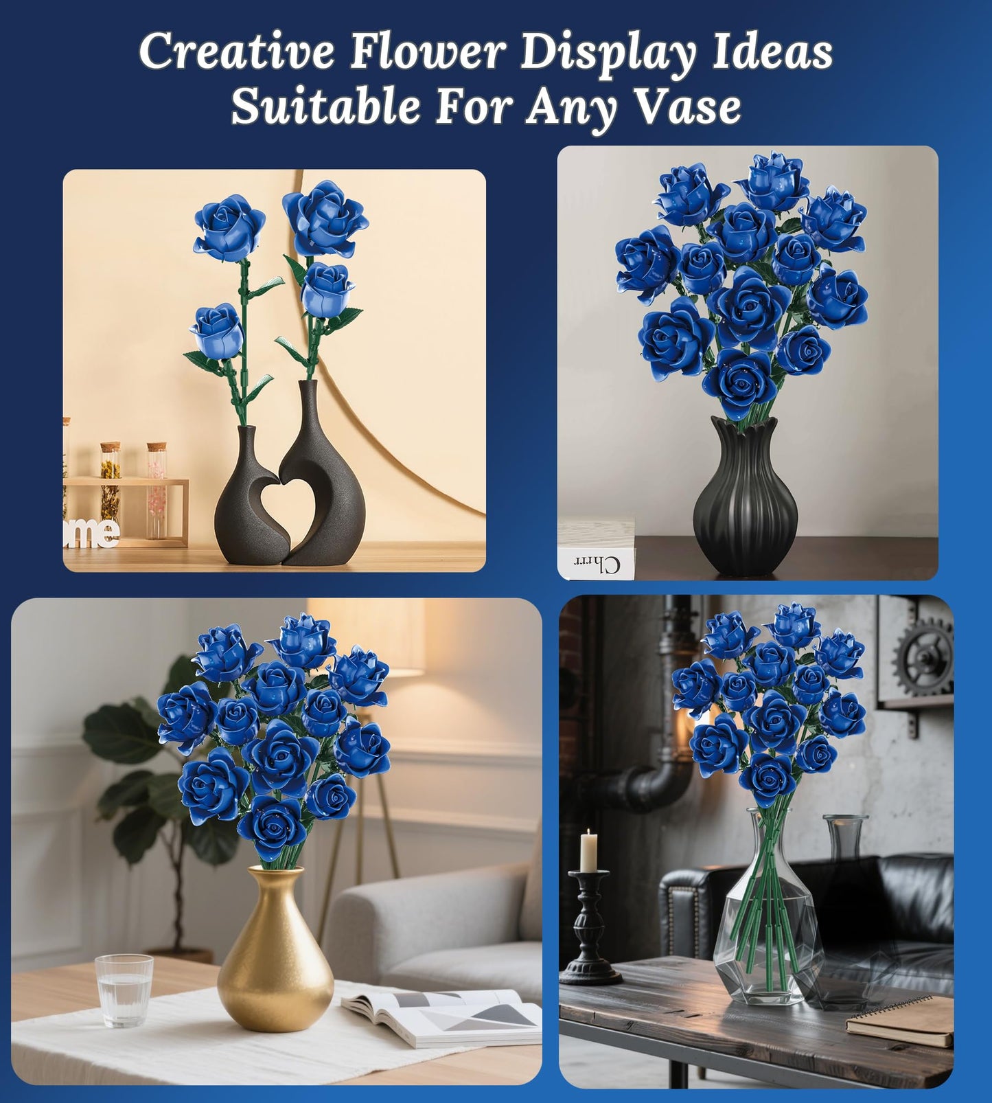 Loyratche Blue Roses Building Set – Lego-Compatible Navy Bouquet for Gothic Home Decor