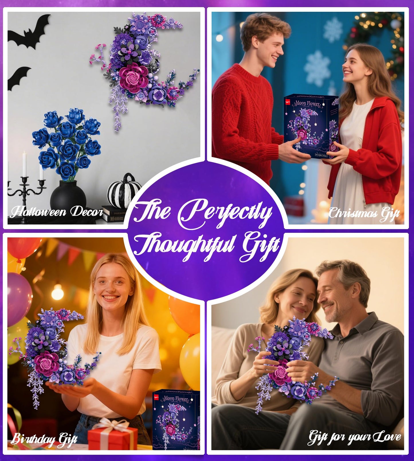 Loyratche Purple Moon Flower Building Set – Crescent-Shaped Floral Blocks for Adults, Lego-Compatible