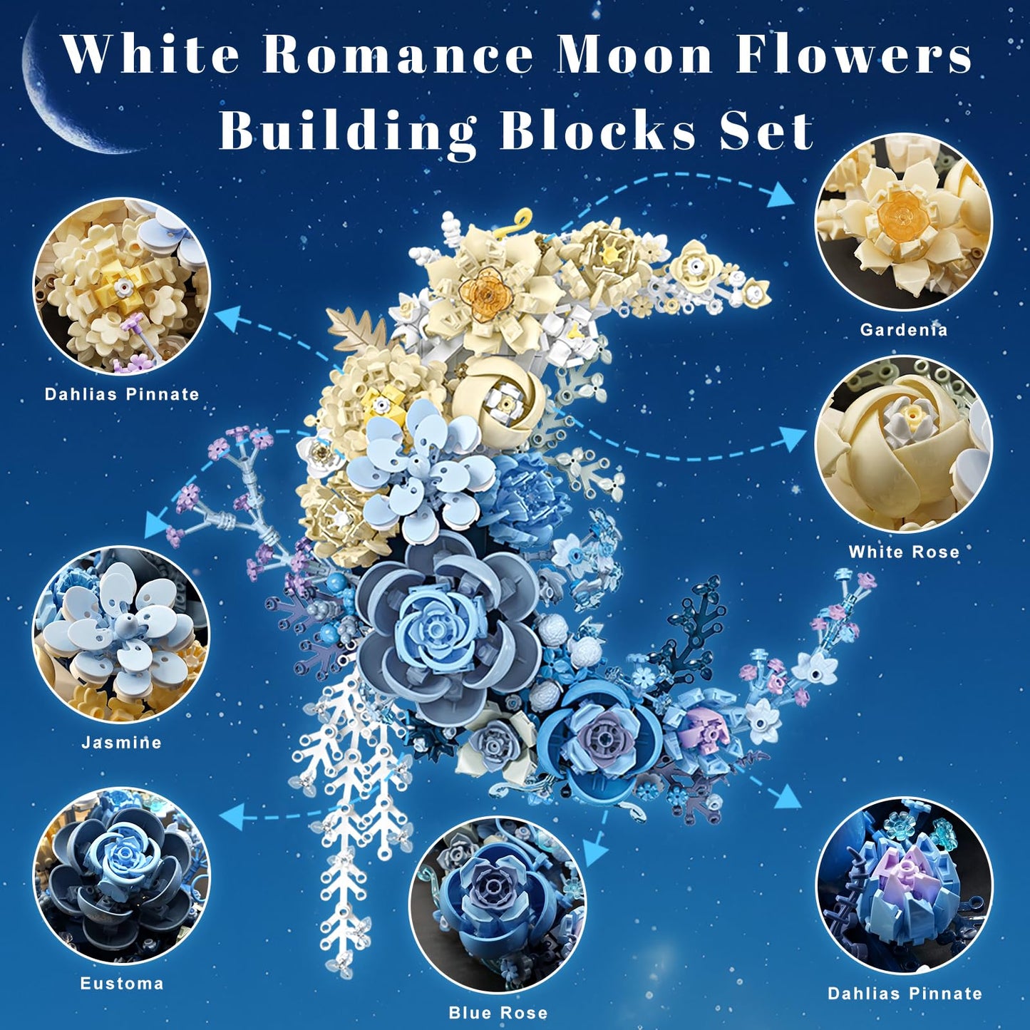 Loyratche Blue Moon Flower Building Set — Crescent Moon Bouquet Wall Art & Decor Kit