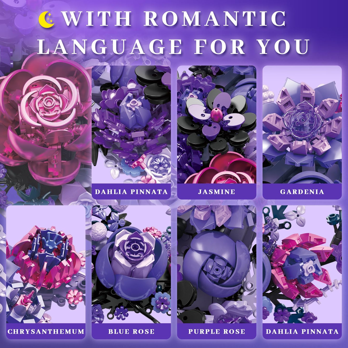 Loyratche Purple Moon Flower Building Set – Crescent-Shaped Floral Blocks for Adults, Lego-Compatible