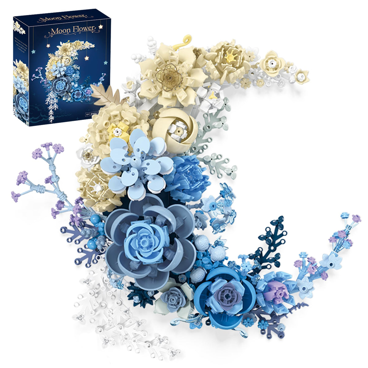 Loyratche Blue Moon Flower Building Set — Crescent Moon Bouquet Wall Art & Decor Kit