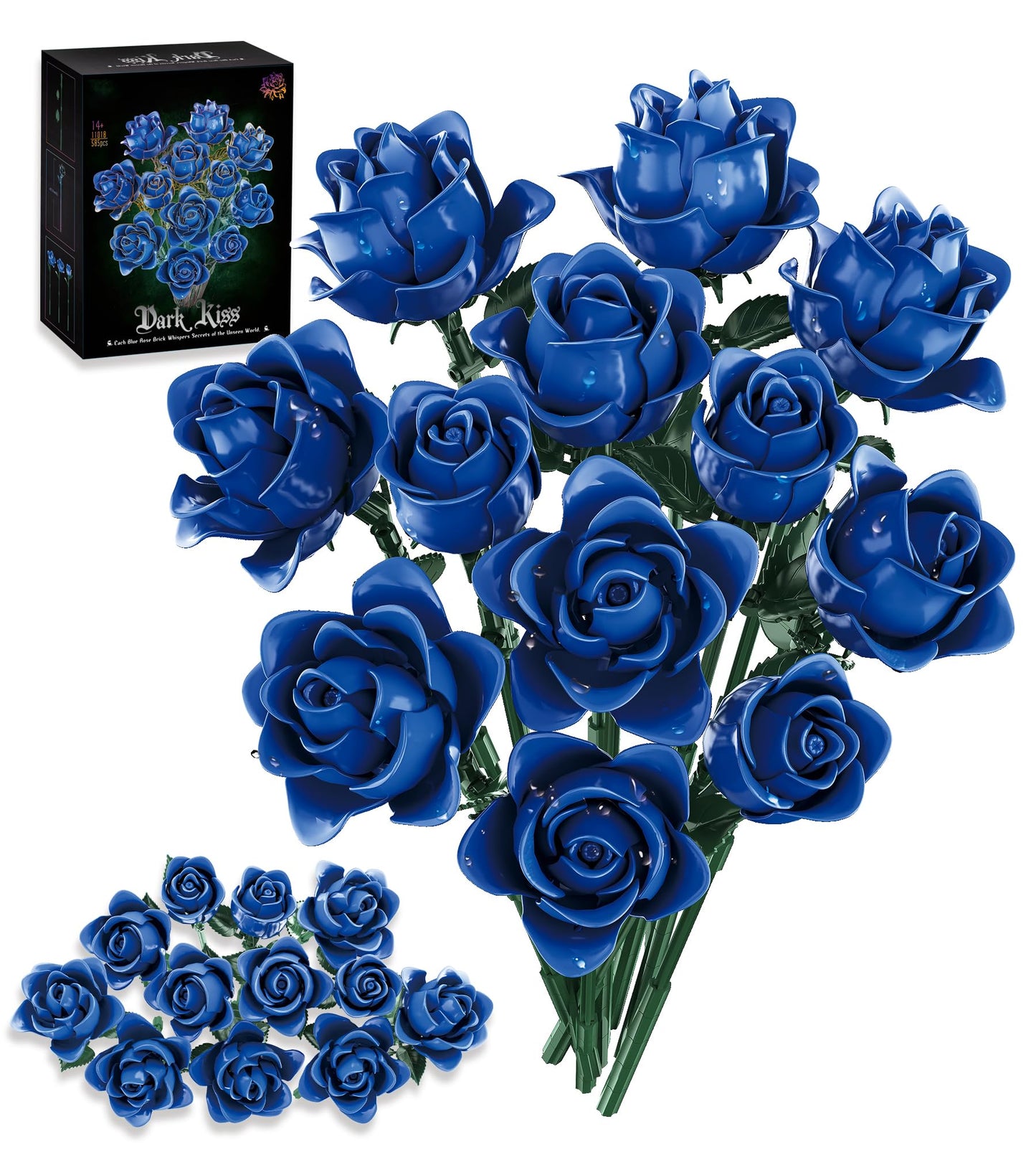 Loyratche Blue Roses Building Set – Lego-Compatible Navy Bouquet for Gothic Home Decor