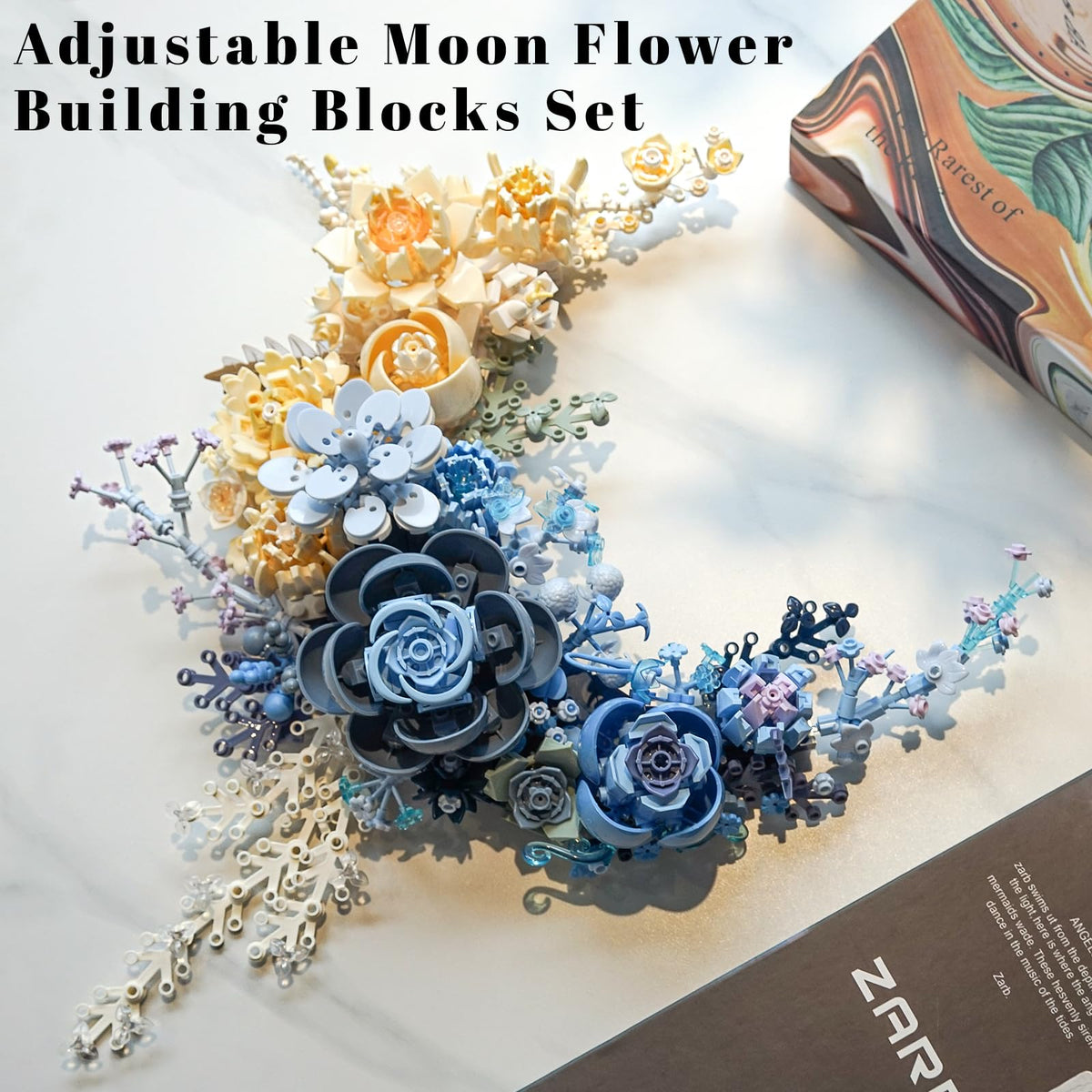 Loyratche Blue Moon Flower Building Set — Crescent Moon Bouquet Wall Art & Decor Kit
