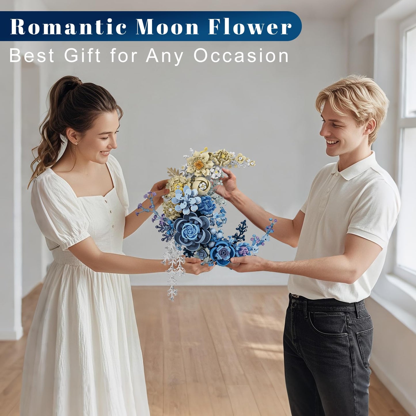 Loyratche Blue Moon Flower Building Set — Crescent Moon Bouquet Wall Art & Decor Kit
