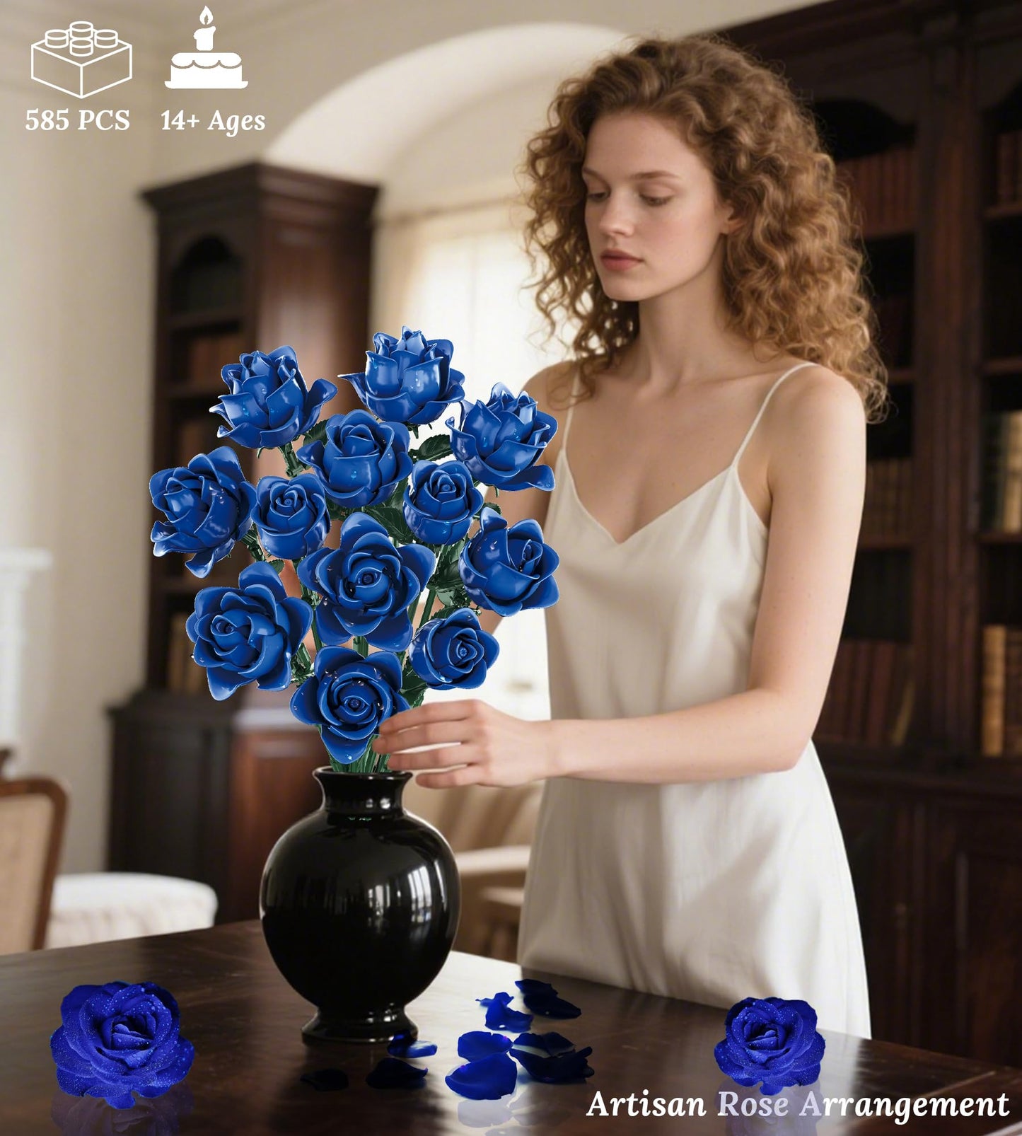 Loyratche Blue Roses Building Set – Lego-Compatible Navy Bouquet for Gothic Home Decor