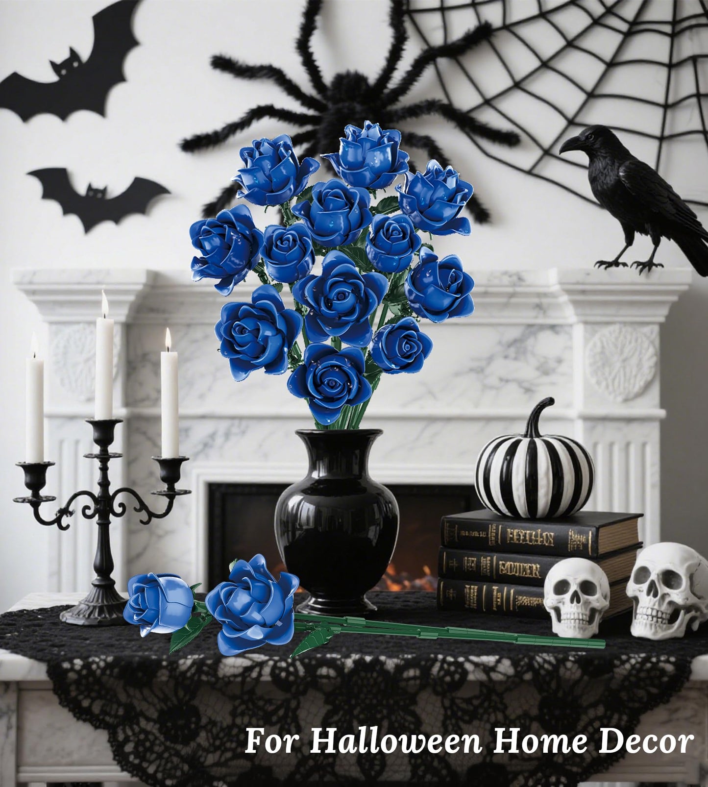 Loyratche Blue Roses Building Set – Lego-Compatible Navy Bouquet for Gothic Home Decor