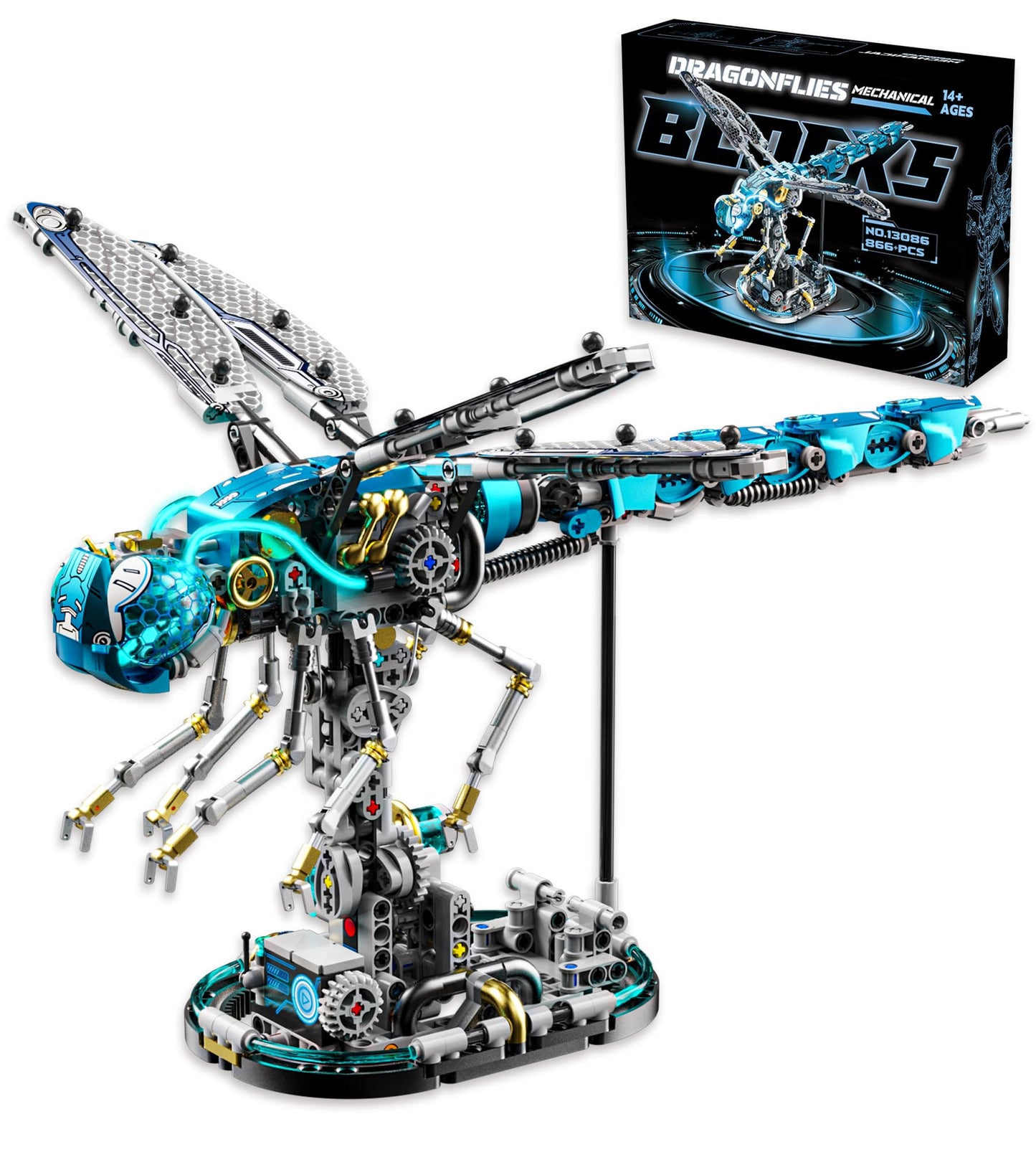 Loyratche Mechanical Dragonfly Building Blocks – 866Pcs, LEGO-Compat, LED Display Stand, STEM Toy for Teens & Adults