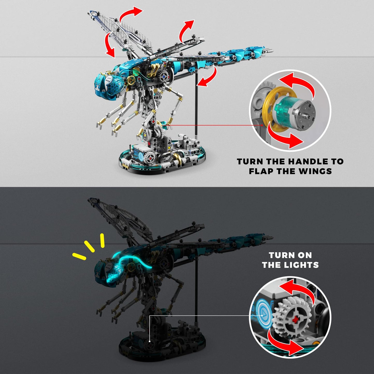 Loyratche Mechanical Dragonfly Building Blocks – 866Pcs, LEGO-Compat, LED Display Stand, STEM Toy for Teens & Adults