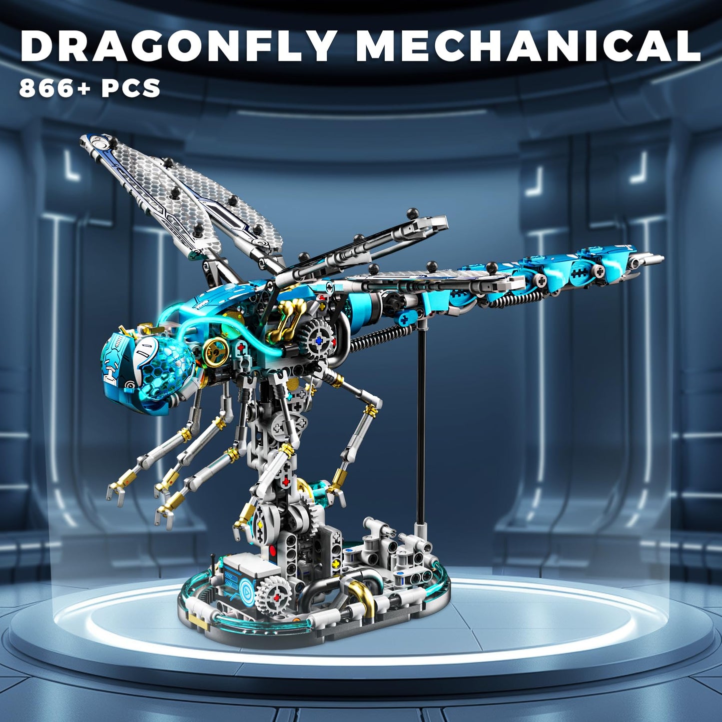 Loyratche Mechanical Dragonfly Building Blocks – 866Pcs, LEGO-Compat, LED Display Stand, STEM Toy for Teens & Adults