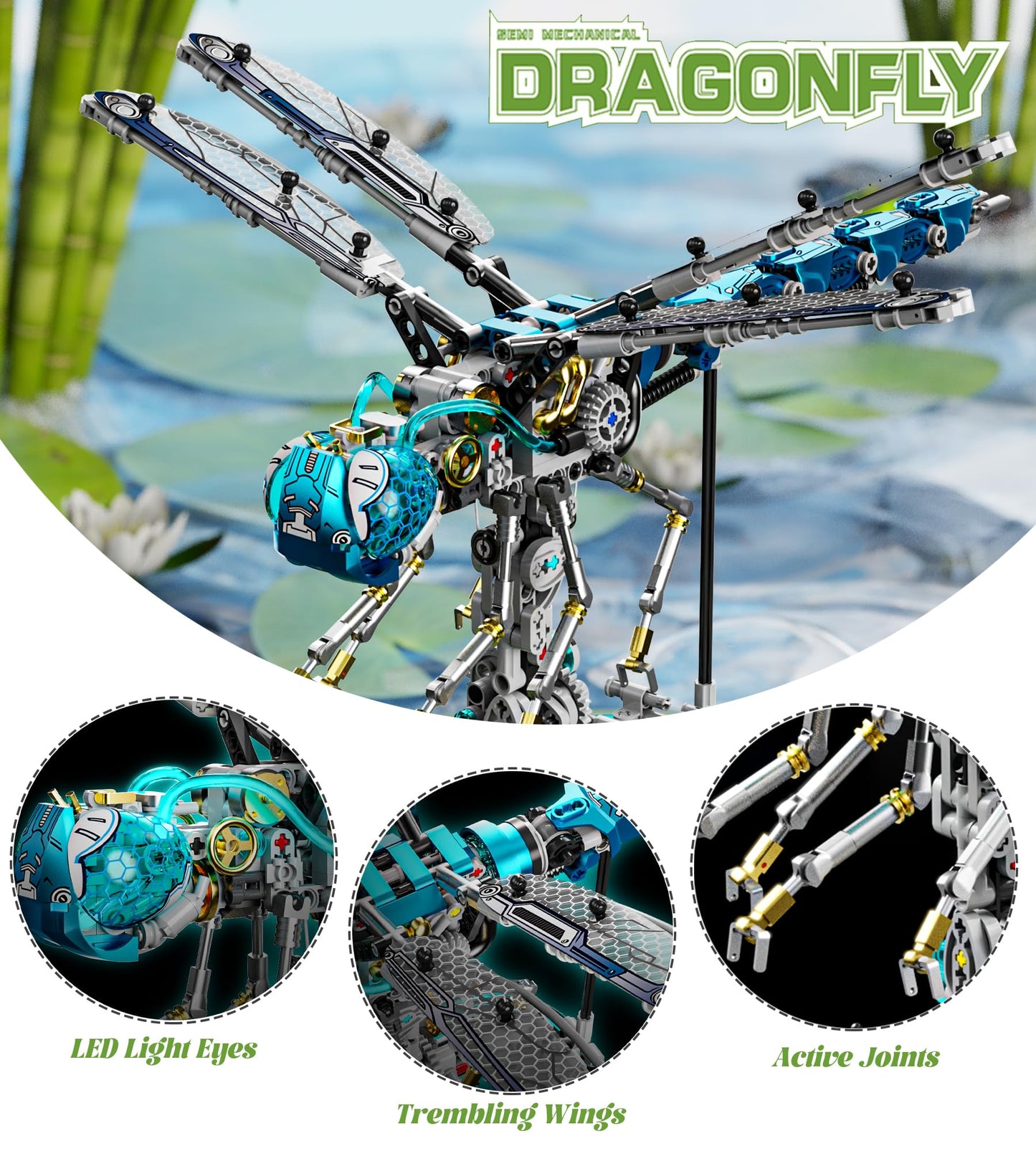 Loyratche Mechanical Dragonfly Building Blocks – 866Pcs, LEGO-Compat, LED Display Stand, STEM Toy for Teens & Adults