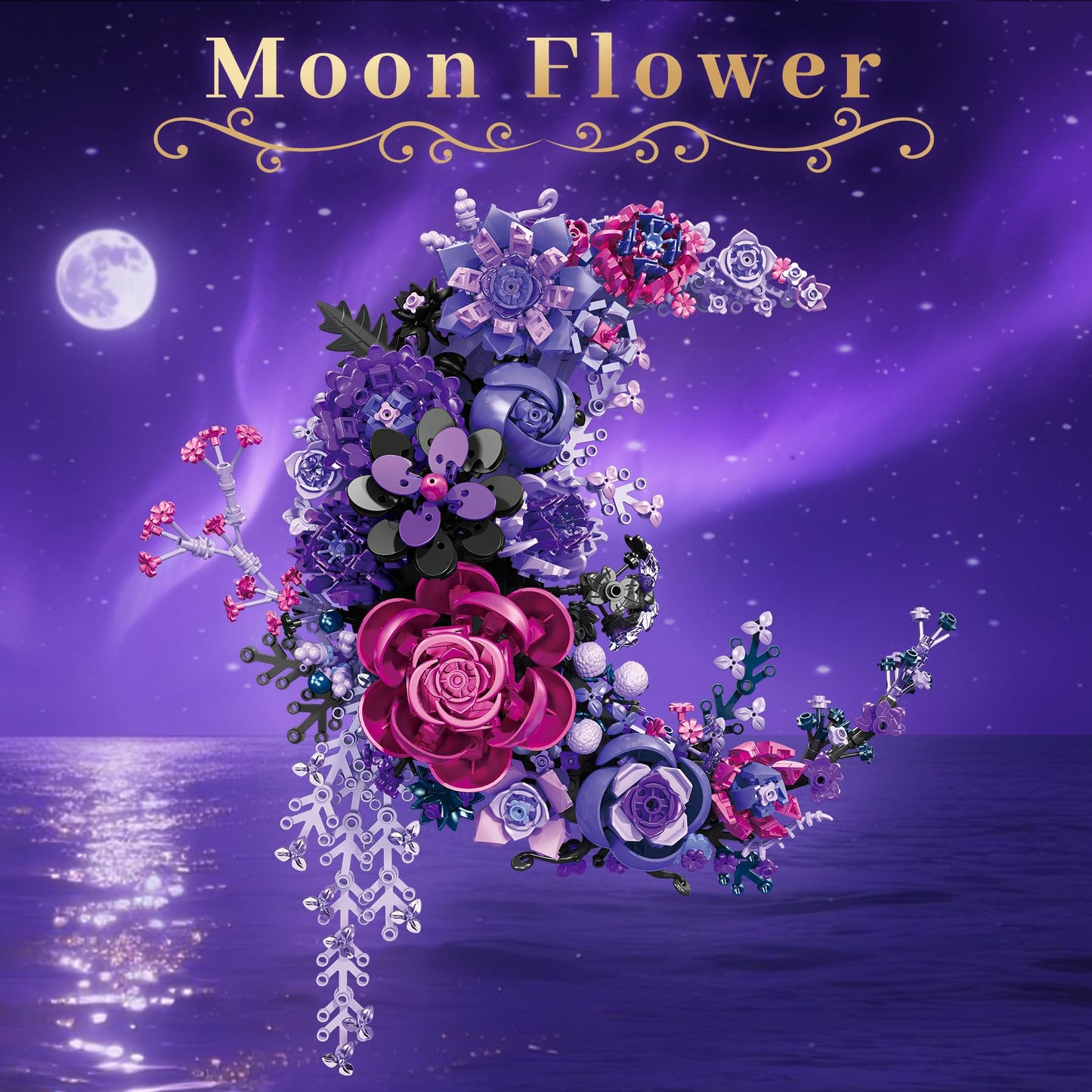 Loyratche Purple Moon Flower Building Set – Crescent-Shaped Floral Blocks for Adults, Lego-Compatible