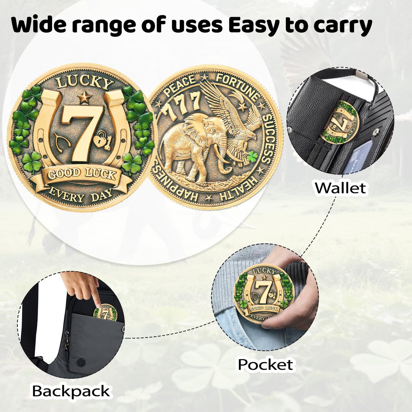 LParkin Lucky Coin for Lottery Scratchers – Four-Leaf Clover & Elephant Charm for Prosperity