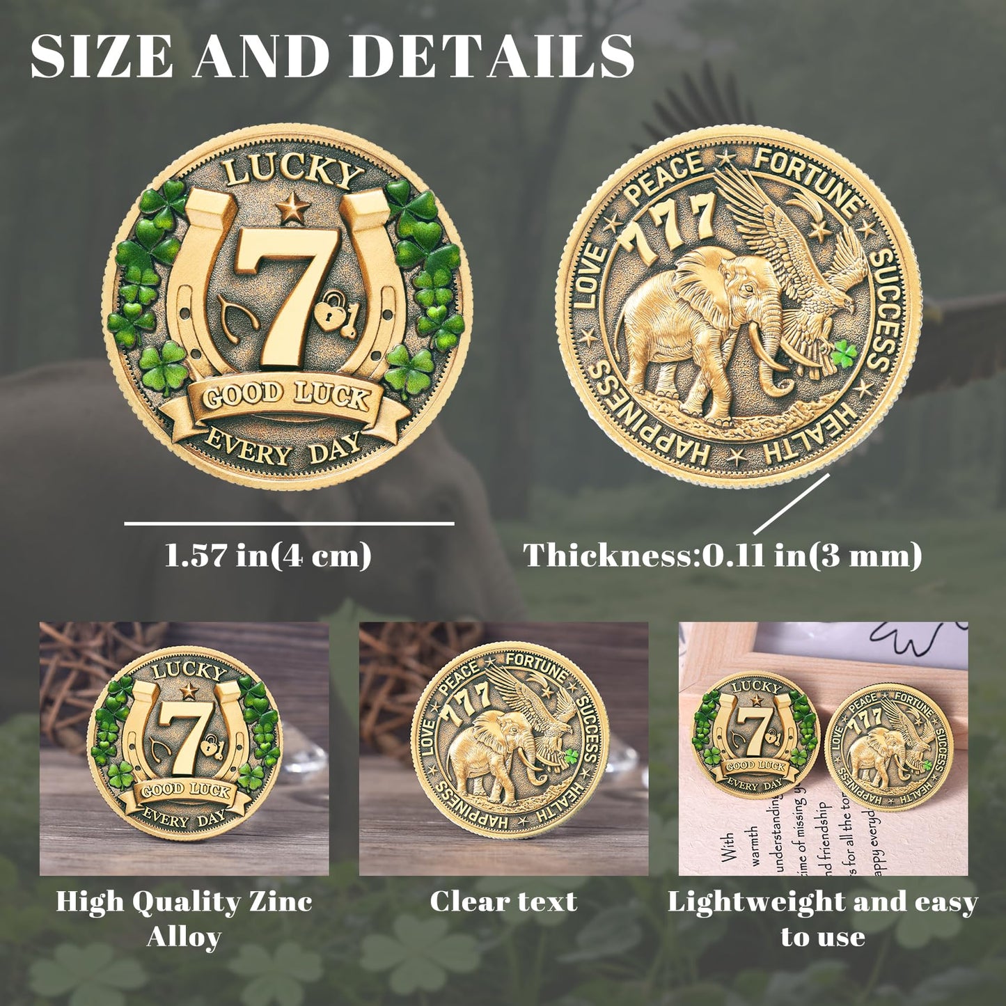 LParkin Lucky Coin for Lottery Scratchers – Four-Leaf Clover & Elephant Charm for Prosperity
