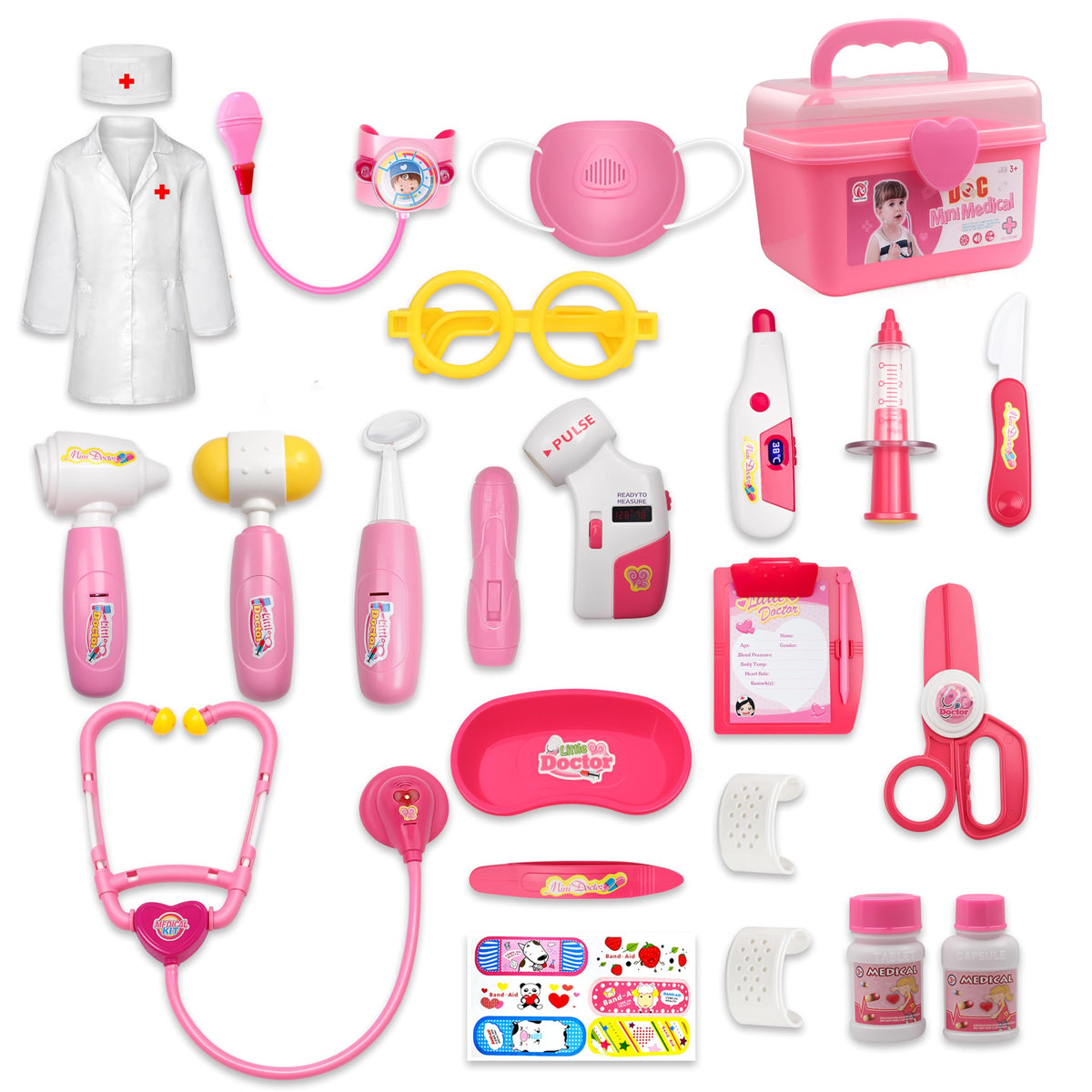 LPFG 24-Piece Doctor Kit for Toddlers 3-5 (Pink) | Pretend Play Doctor Set with Stethoscope & Lights