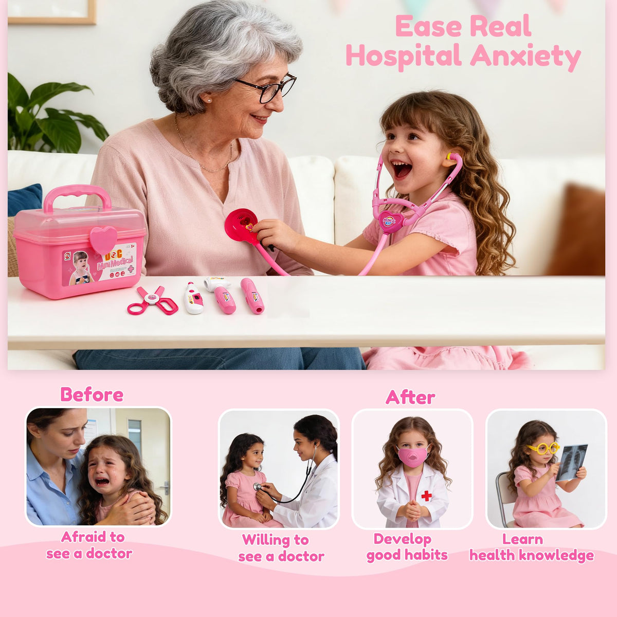 LPFG 24-Piece Doctor Kit for Toddlers 3-5 (Pink) | Pretend Play Doctor Set with Stethoscope & Lights