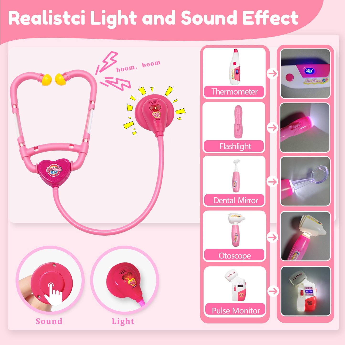 LPFG 24-Piece Doctor Kit for Toddlers 3-5 (Pink) | Pretend Play Doctor Set with Stethoscope & Lights
