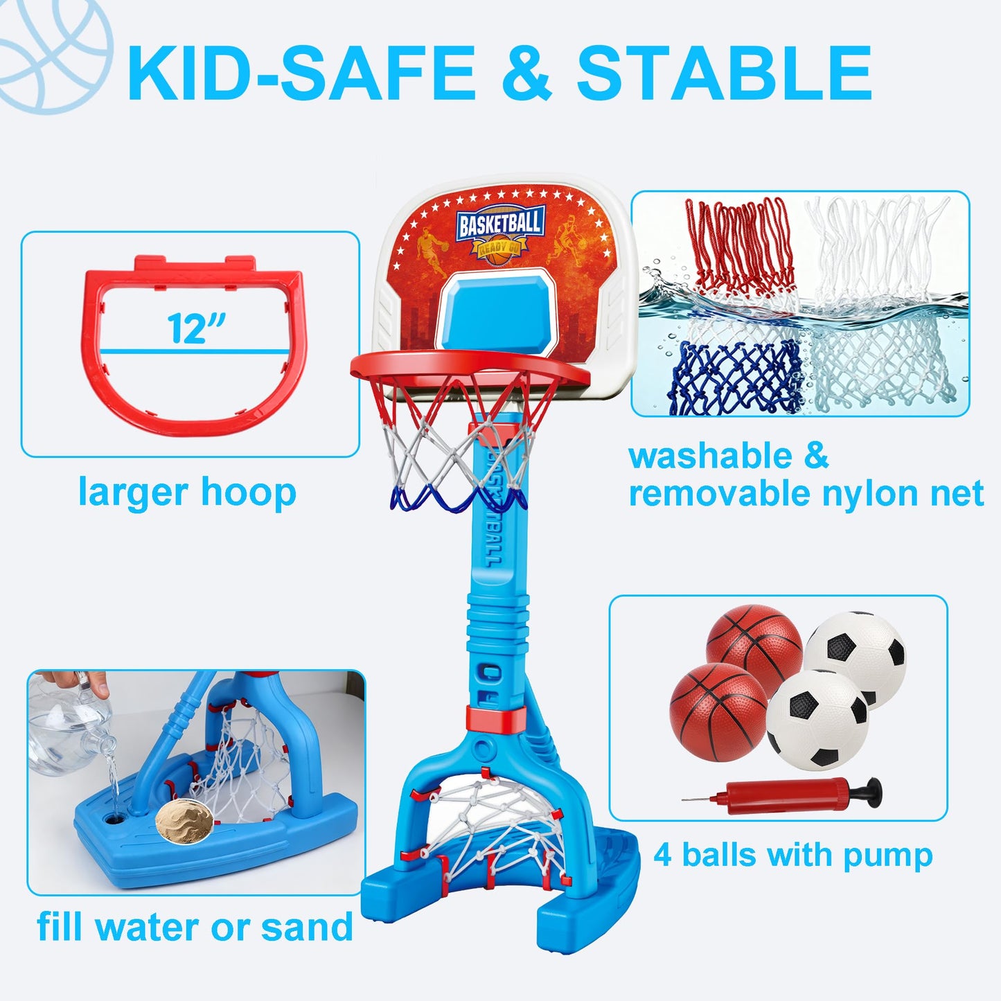 LPFG Toddler Indoor Basketball Hoop — Adjustable 24–53 in, 4 Balls Included