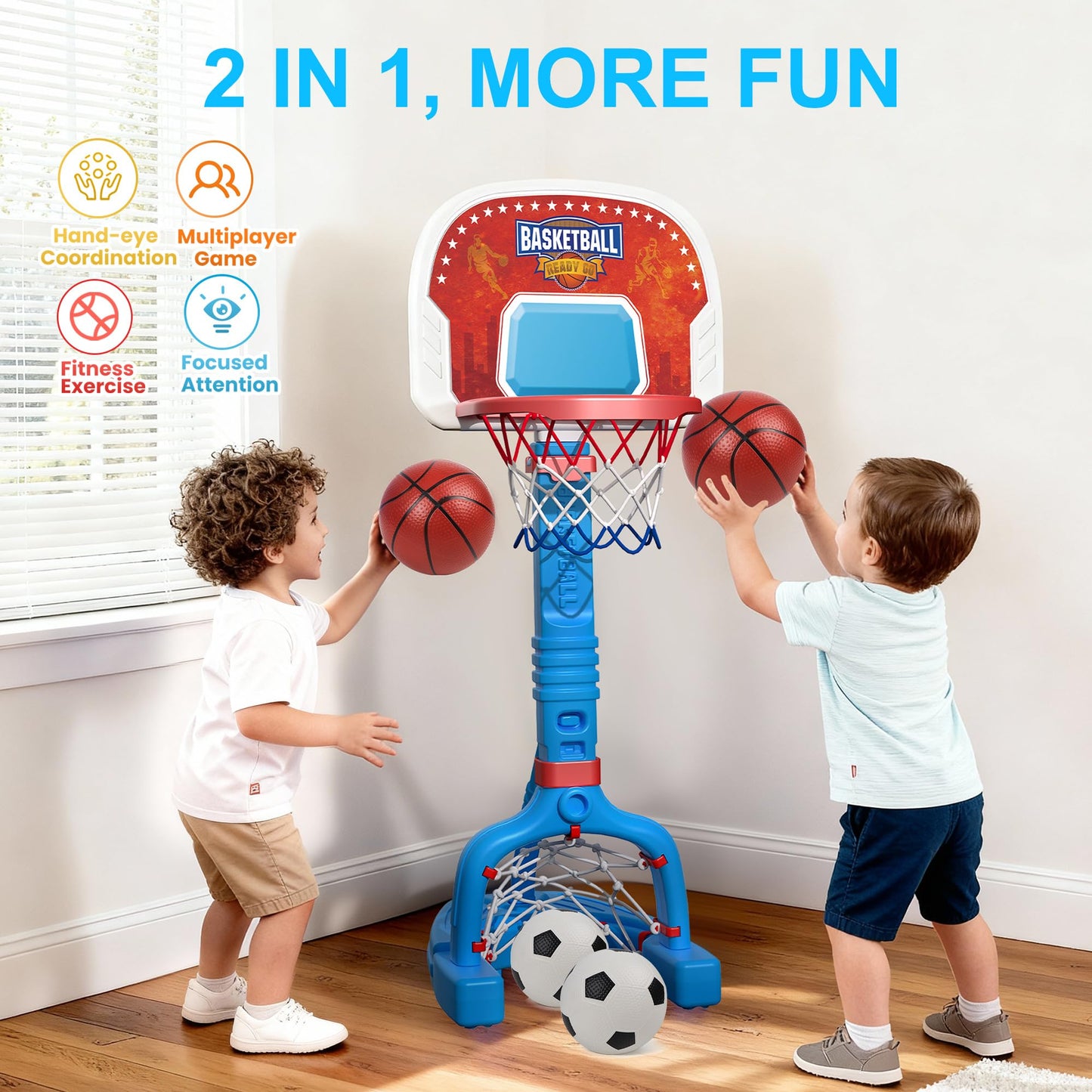 LPFG Toddler Indoor Basketball Hoop — Adjustable 24–53 in, 4 Balls Included