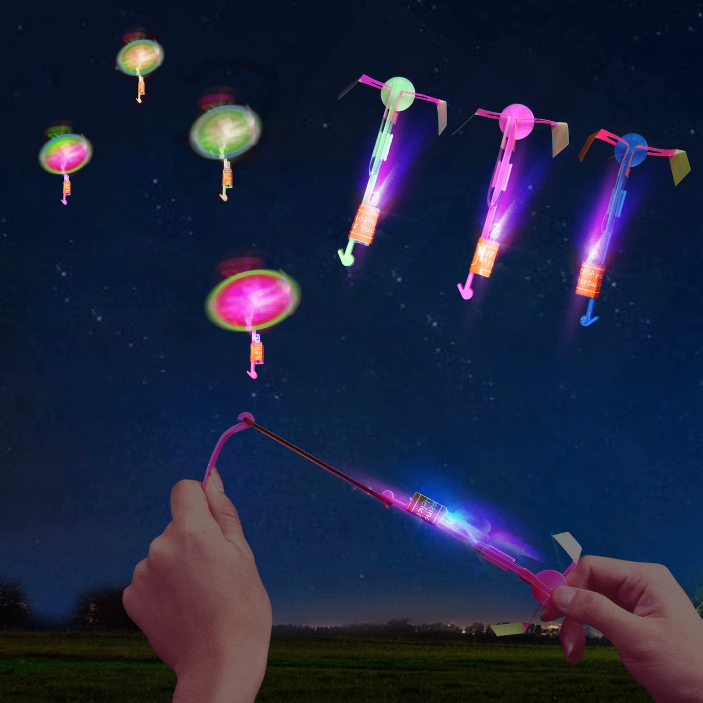 lpvoqpth 25 Sets LED Flying Set – 50 Glow Helicopters & Slingshots for Outdoor Night Fun