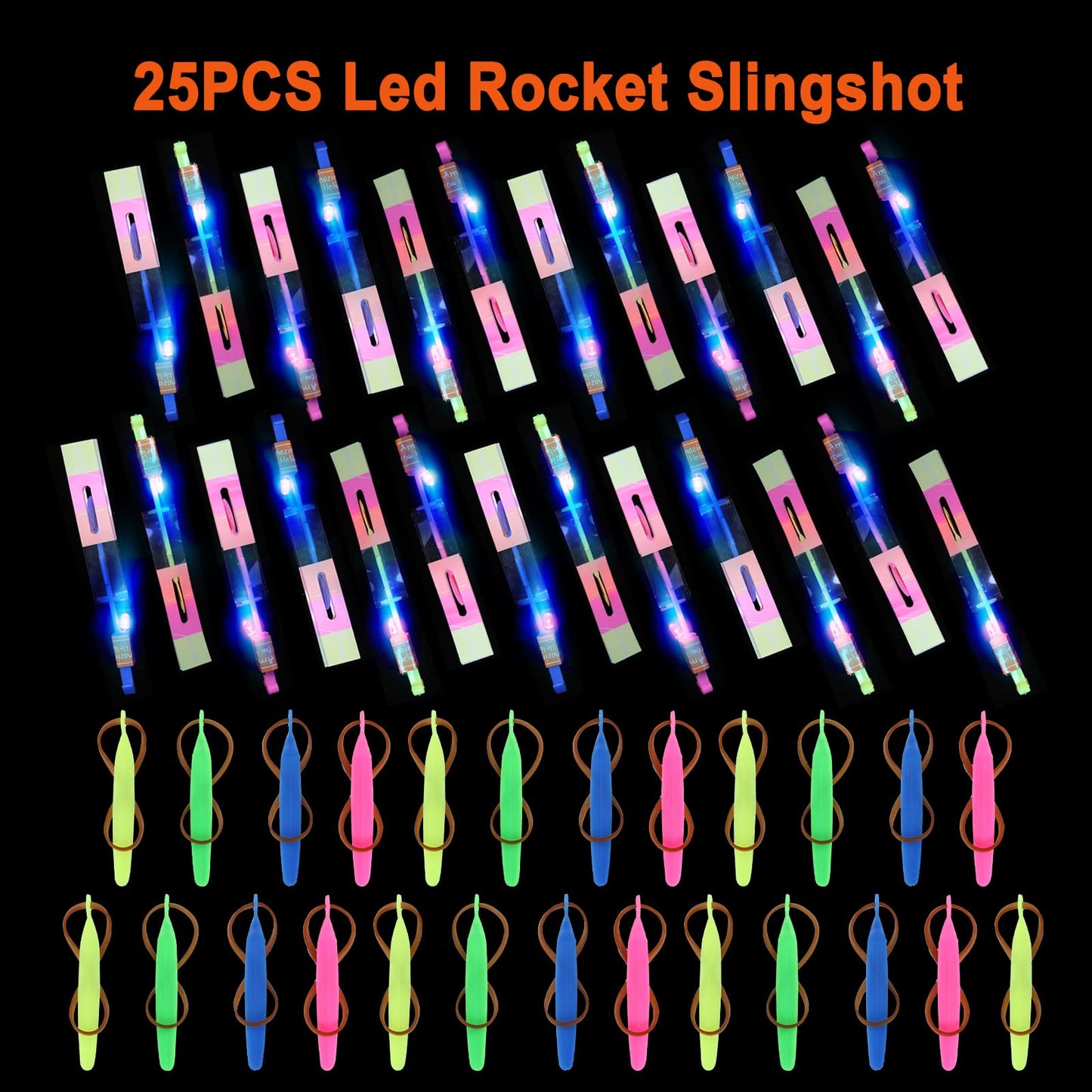 lpvoqpth 25 Sets LED Flying Set – 50 Glow Helicopters & Slingshots for Outdoor Night Fun
