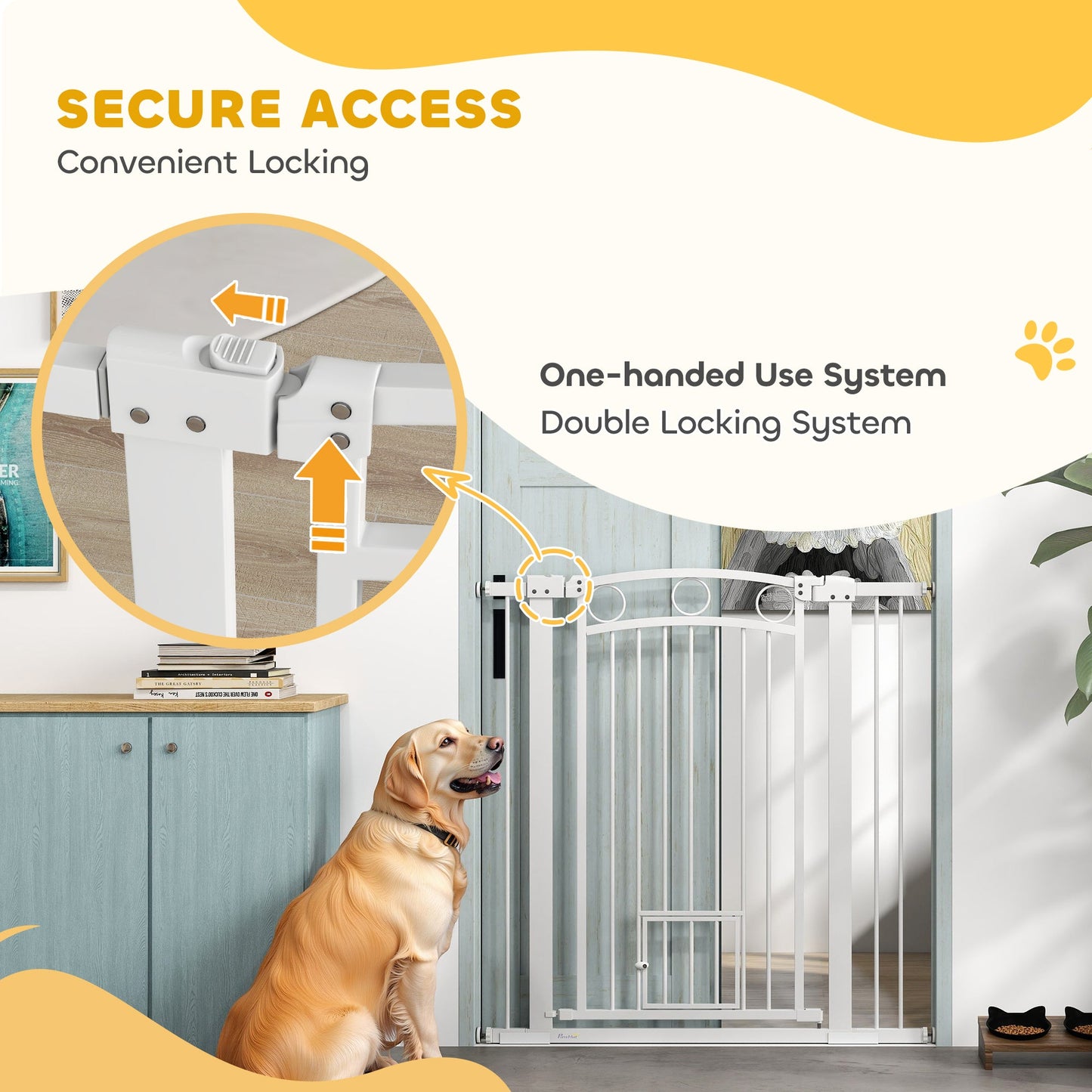 PawHut Stair Gate with Cat Door, Adjustable Width, 76-104cm and 106cm Tall