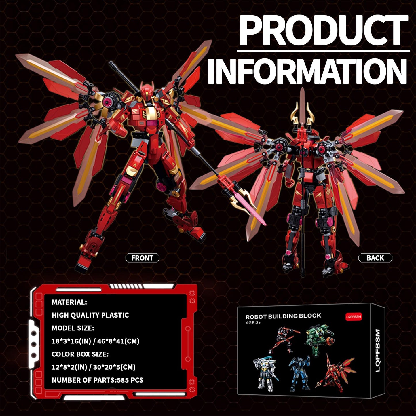 LQPFBSM Red Mecha Building Set – 511-Piece Winged Robot with Halberd