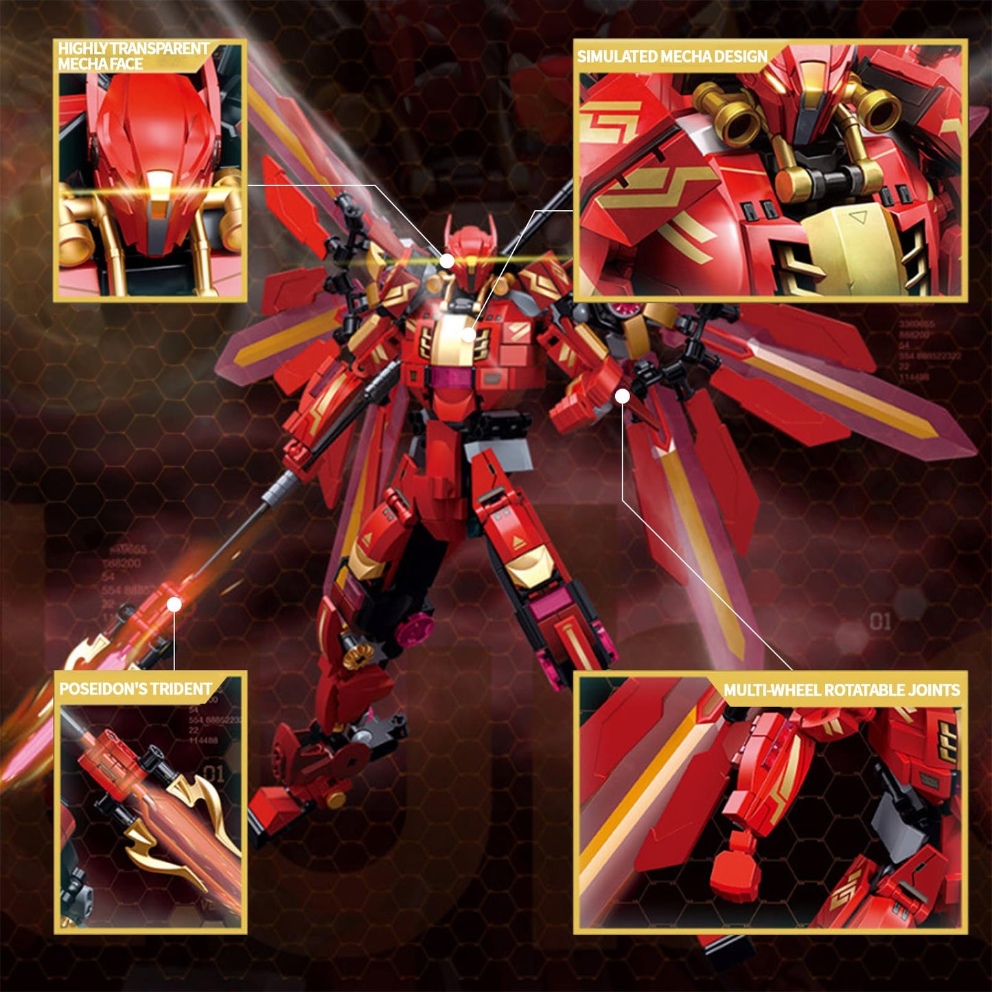 LQPFBSM Red Mecha Building Set – 511-Piece Winged Robot with Halberd