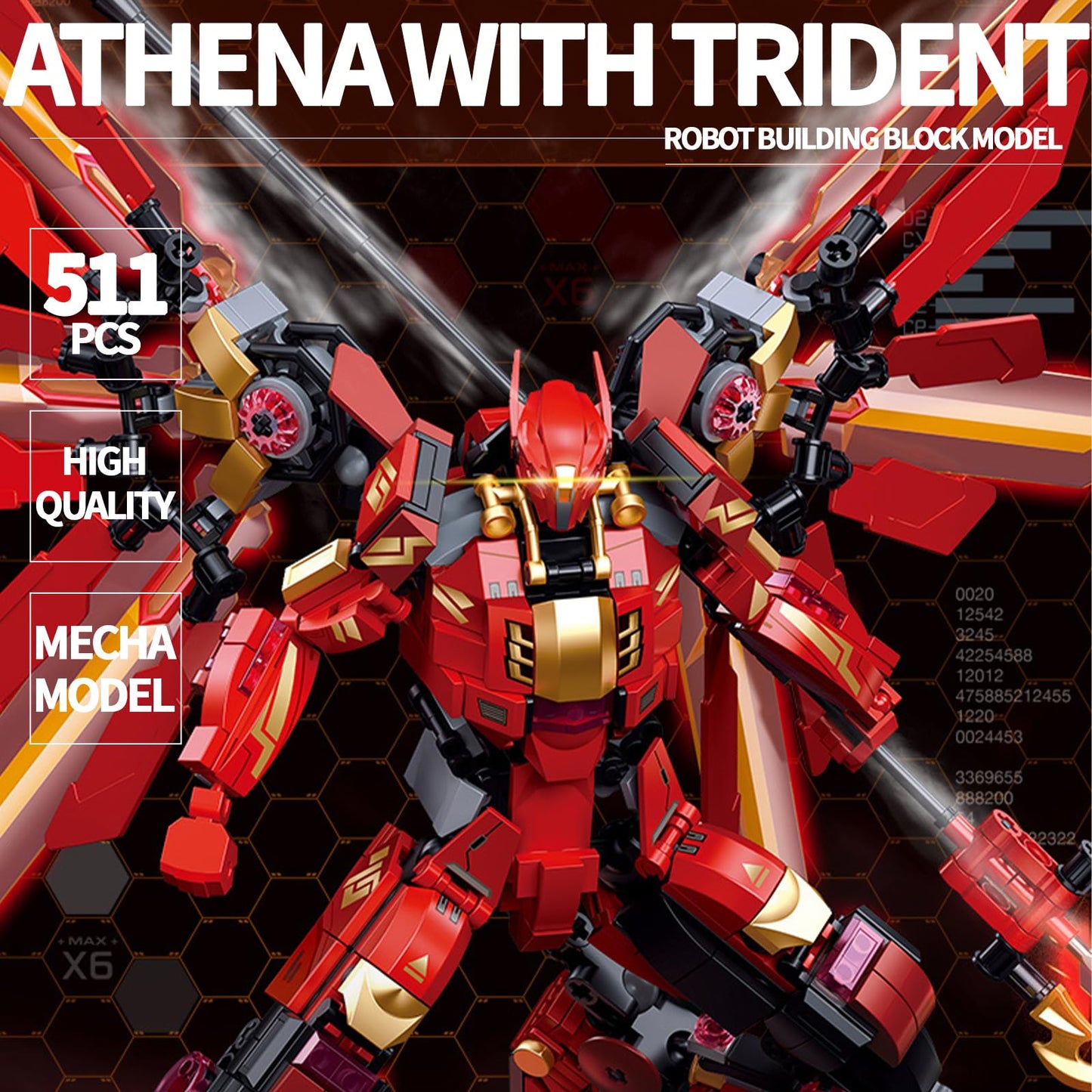 LQPFBSM Red Mecha Building Set – 511-Piece Winged Robot with Halberd