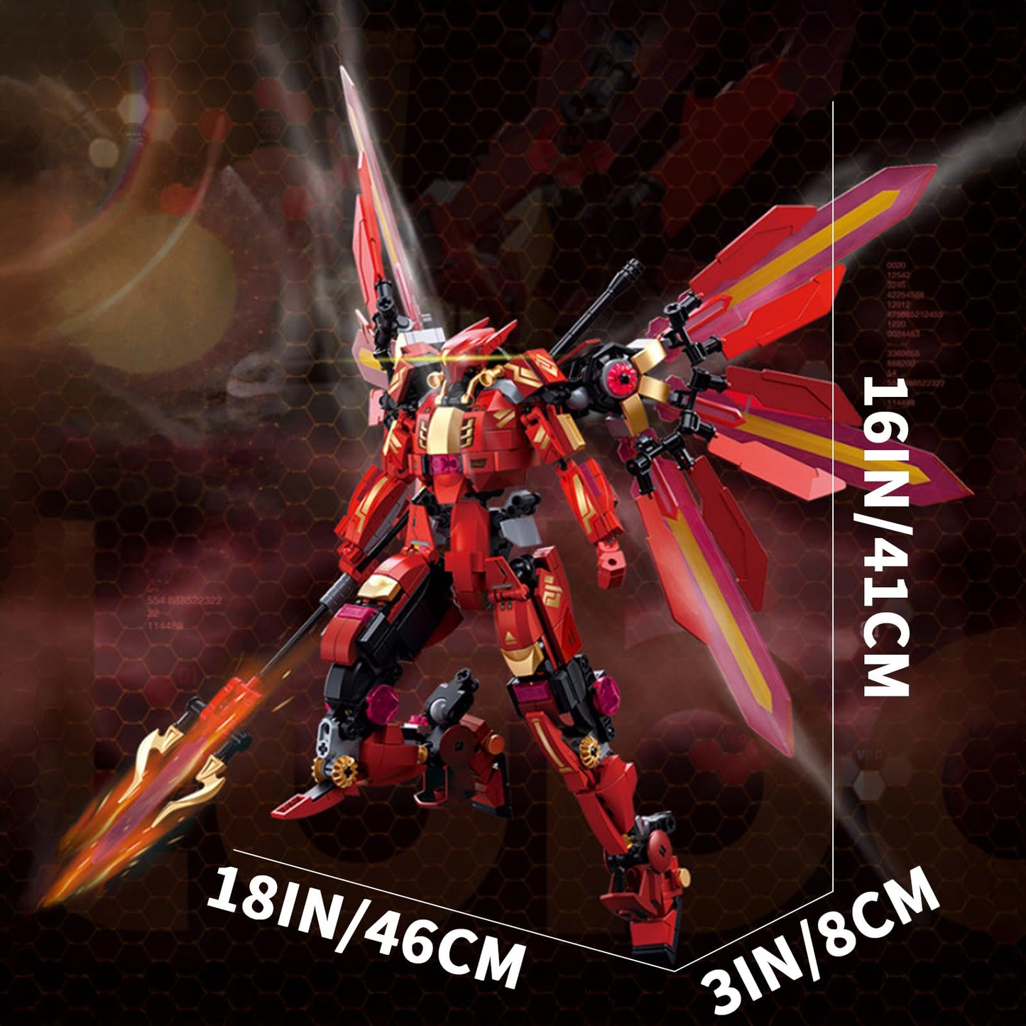 LQPFBSM Red Mecha Building Set – 511-Piece Winged Robot with Halberd
