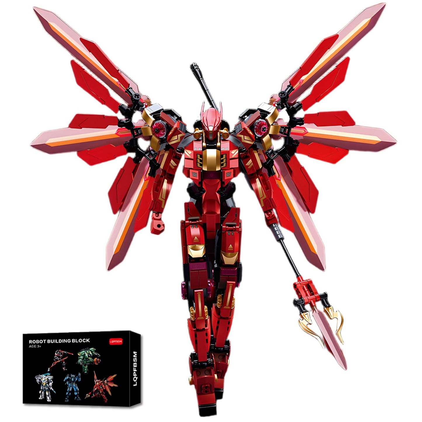 LQPFBSM Red Mecha Building Set – 511-Piece Winged Robot with Halberd