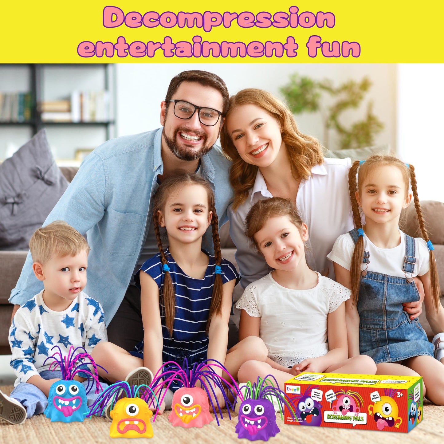 Lreall 4Pcs Hair Pulling Fidget Screaming Monster Toys – Fun Stress Relief & Venting for All Ages