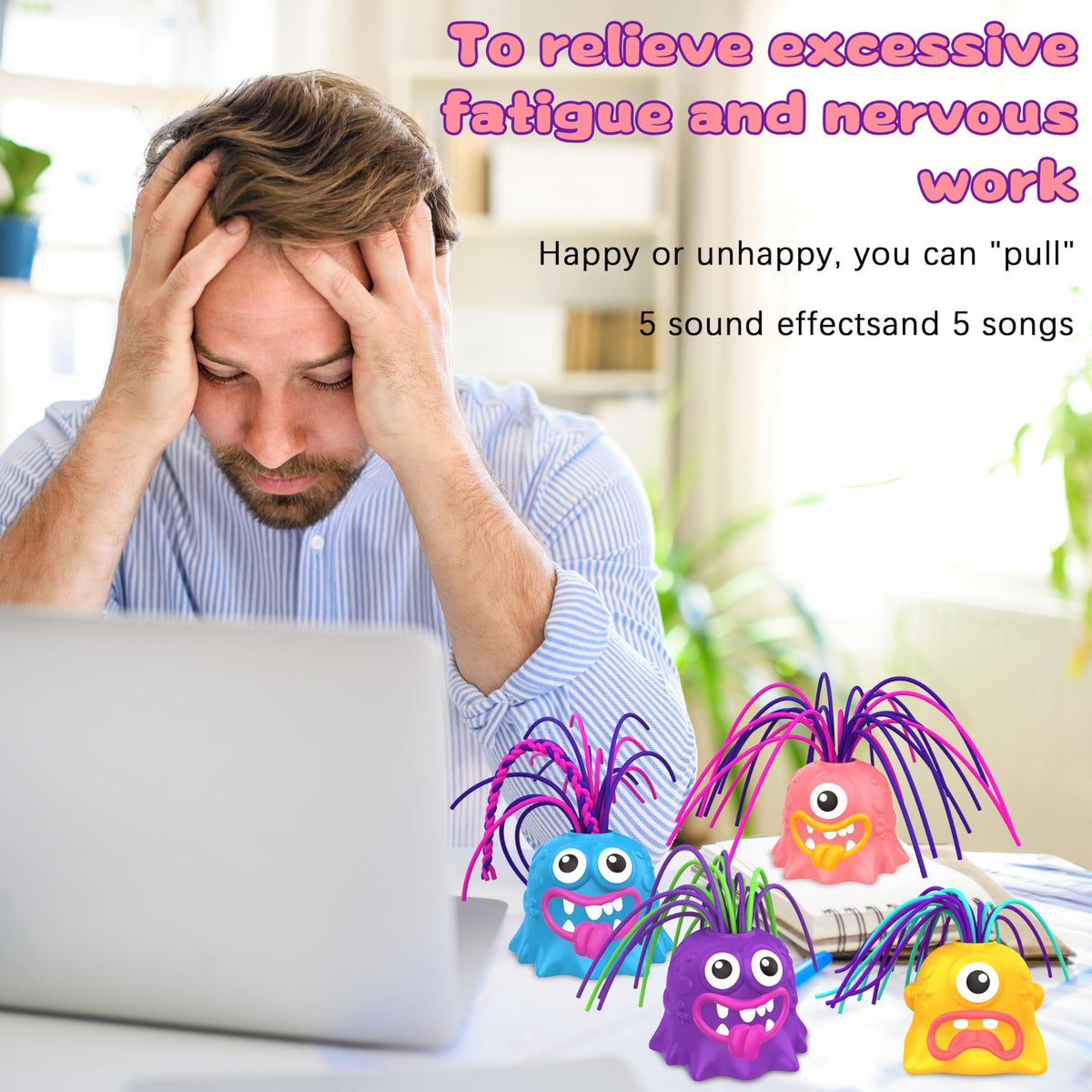 Lreall 4Pcs Hair Pulling Fidget Screaming Monster Toys – Fun Stress Relief & Venting for All Ages