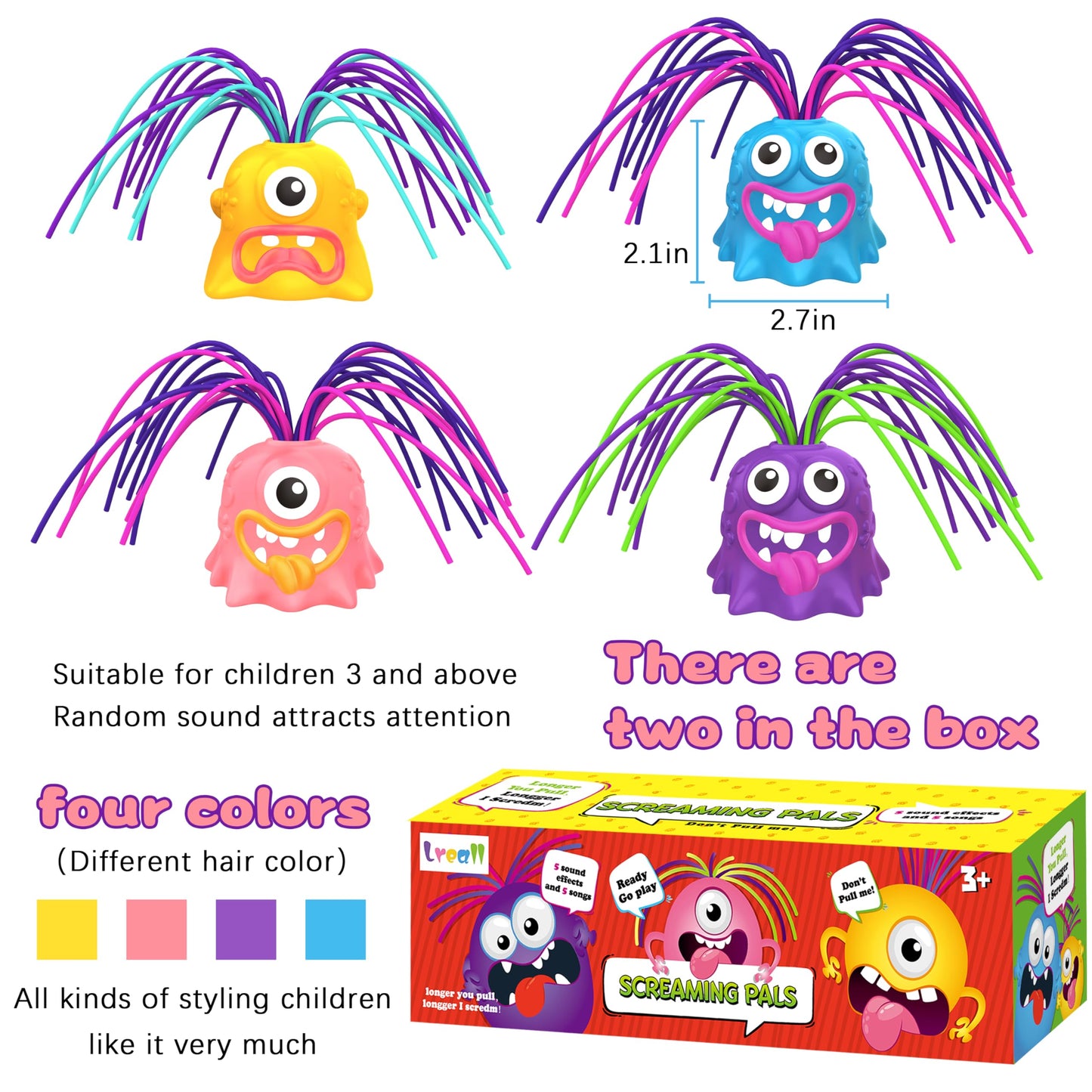 Lreall 4Pcs Hair Pulling Fidget Screaming Monster Toys – Fun Stress Relief & Venting for All Ages