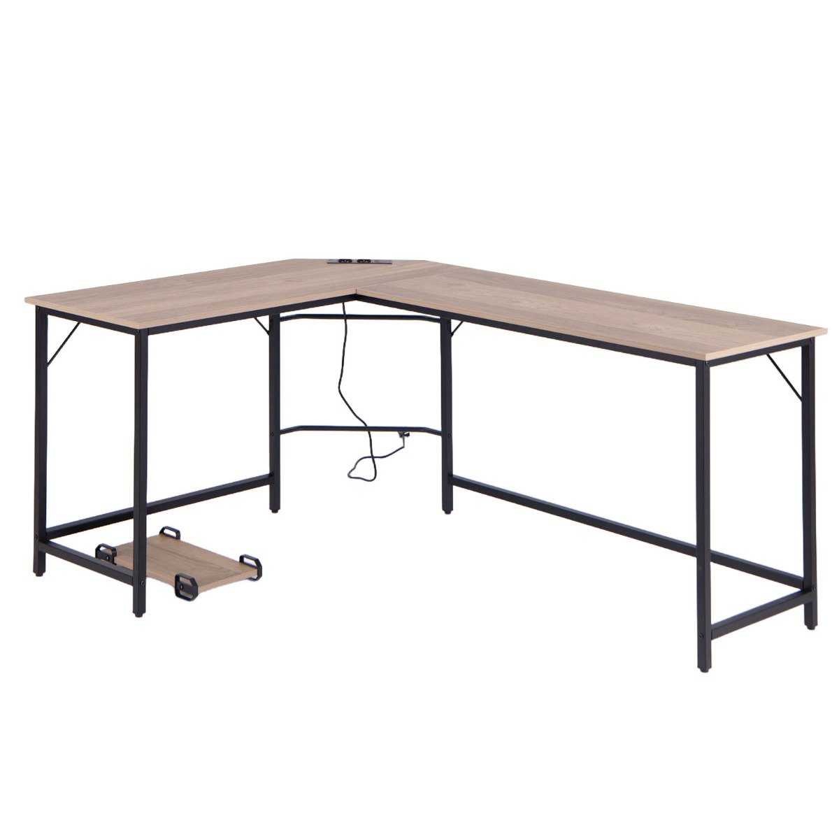 L-Shaped Desk with Power Outlet CPU Stand and Heavy-duty Metal Frame-Black