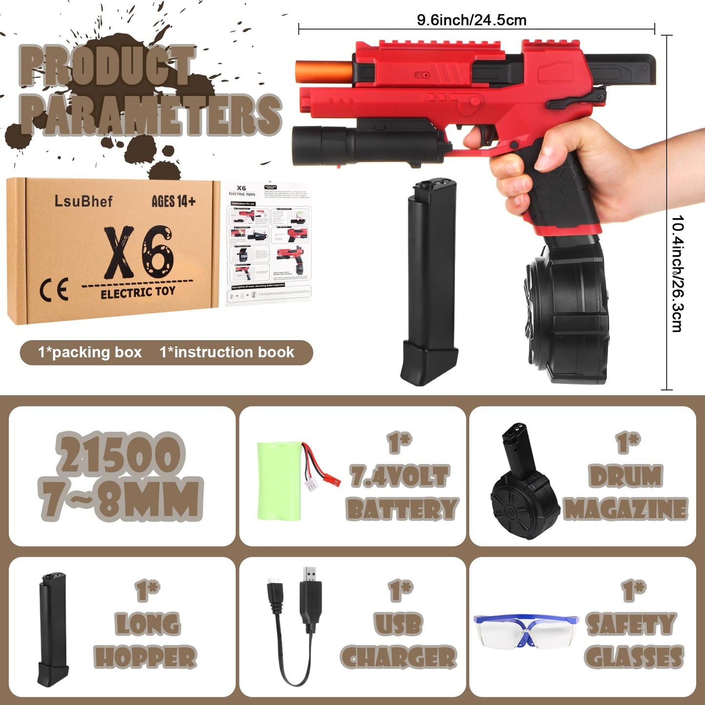 LSuBhef Gel Blaster X6 – Full Auto Splatter Blaster for Ages 14+ (Red)