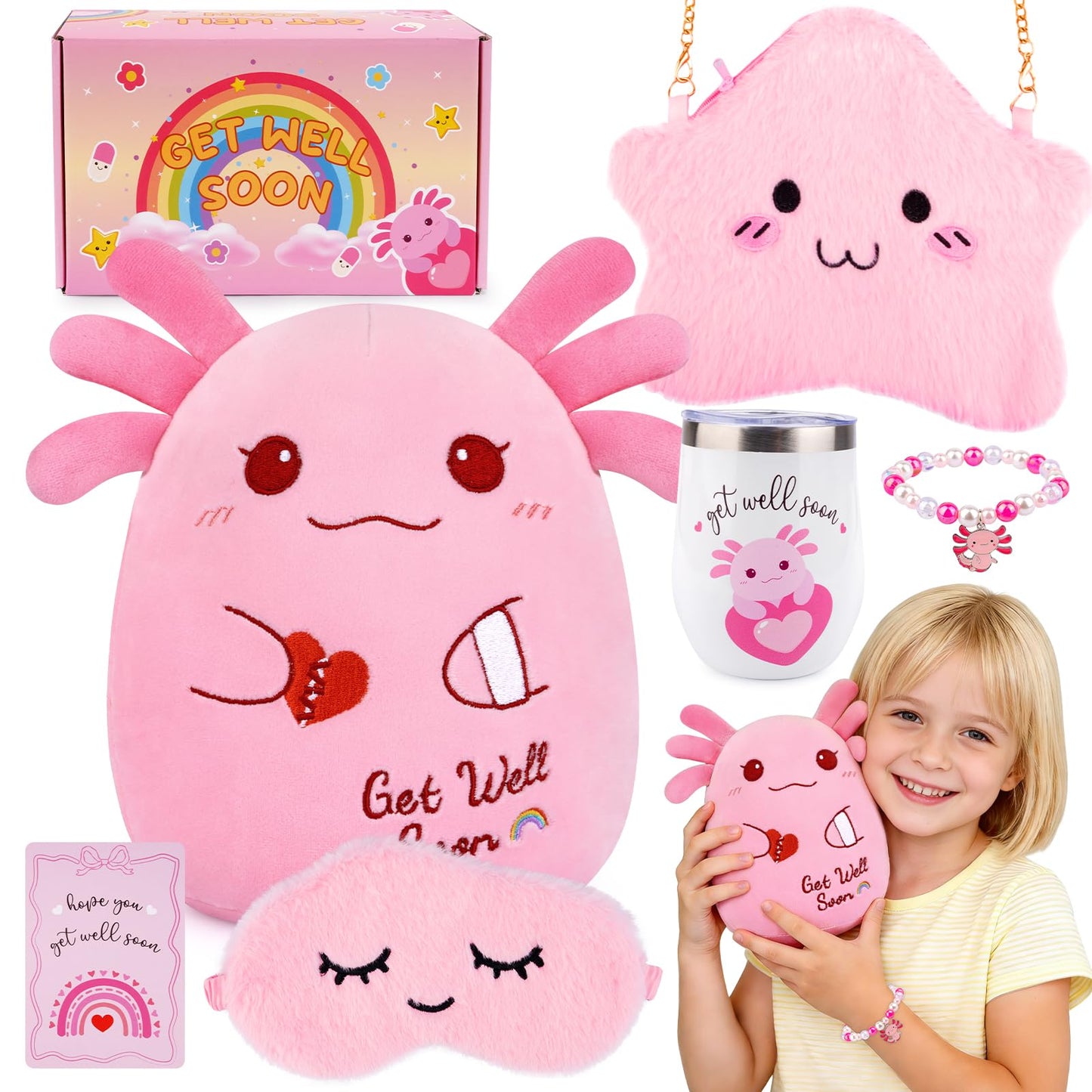 LSYDCARM Get Well Gifts for Kids – 8-Inch Axolotl Plush Gift Set with Card, Mug, and Accessories