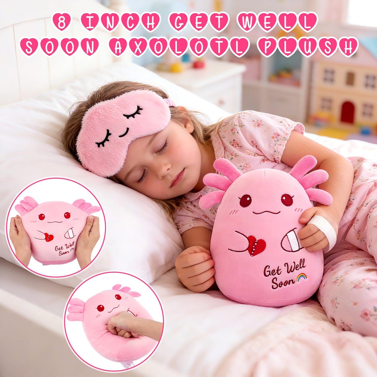 LSYDCARM Get Well Gifts for Kids – 8-Inch Axolotl Plush Gift Set with Card, Mug, and Accessories