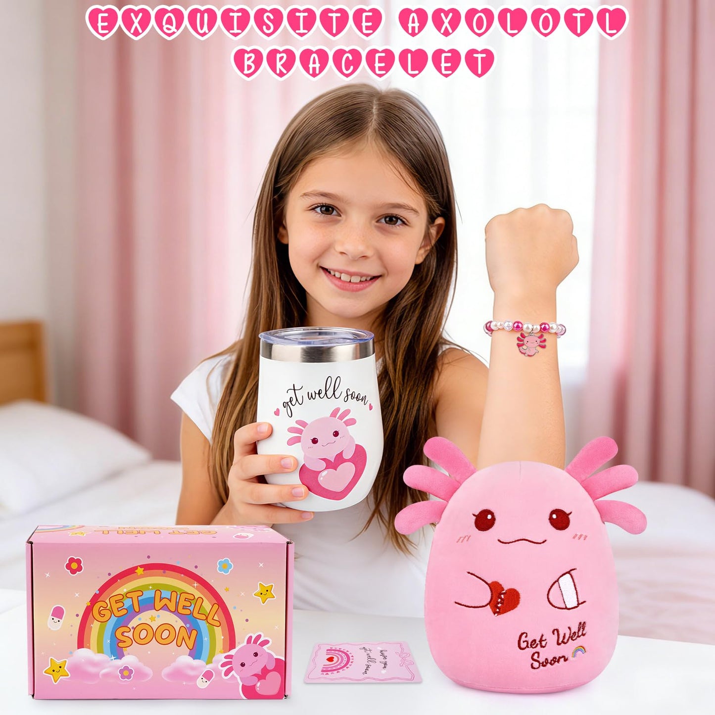 LSYDCARM Get Well Gifts for Kids – 8-Inch Axolotl Plush Gift Set with Card, Mug, and Accessories