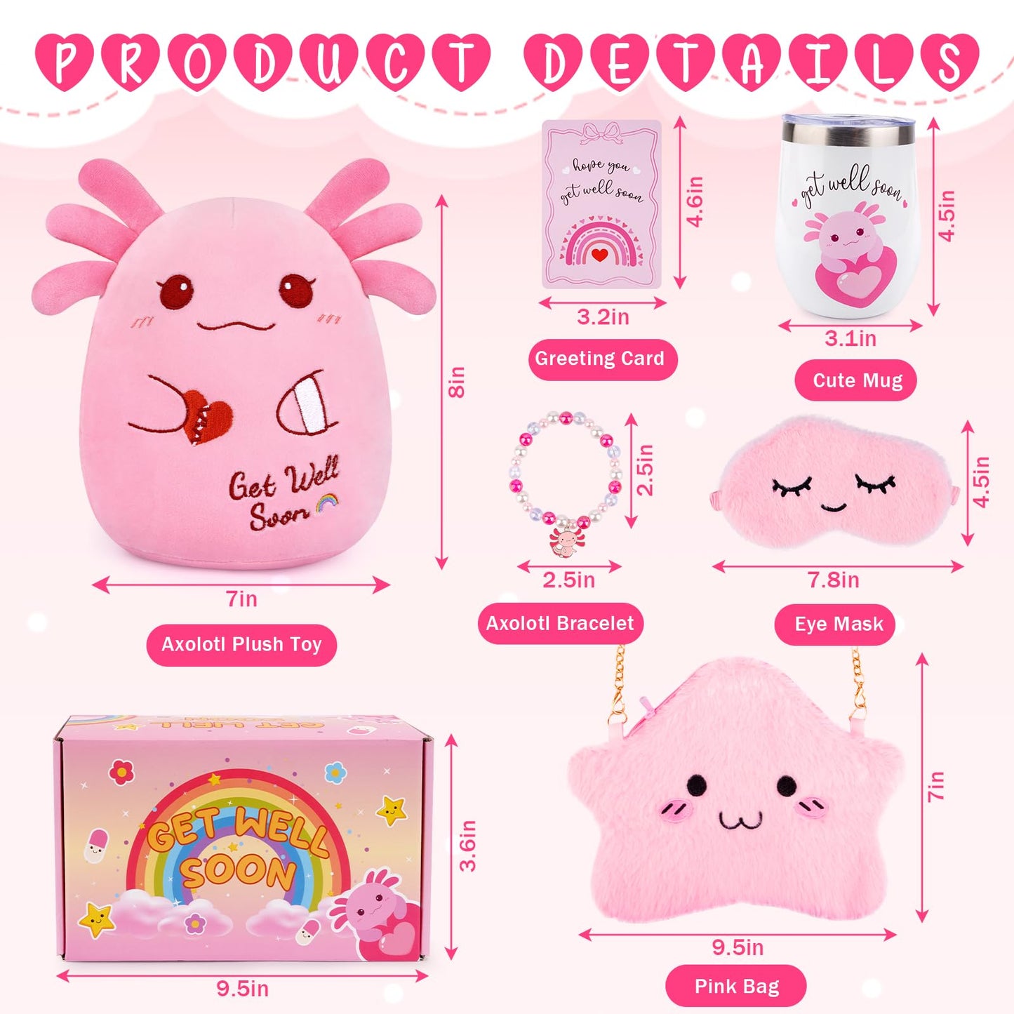 LSYDCARM Get Well Gifts for Kids – 8-Inch Axolotl Plush Gift Set with Card, Mug, and Accessories