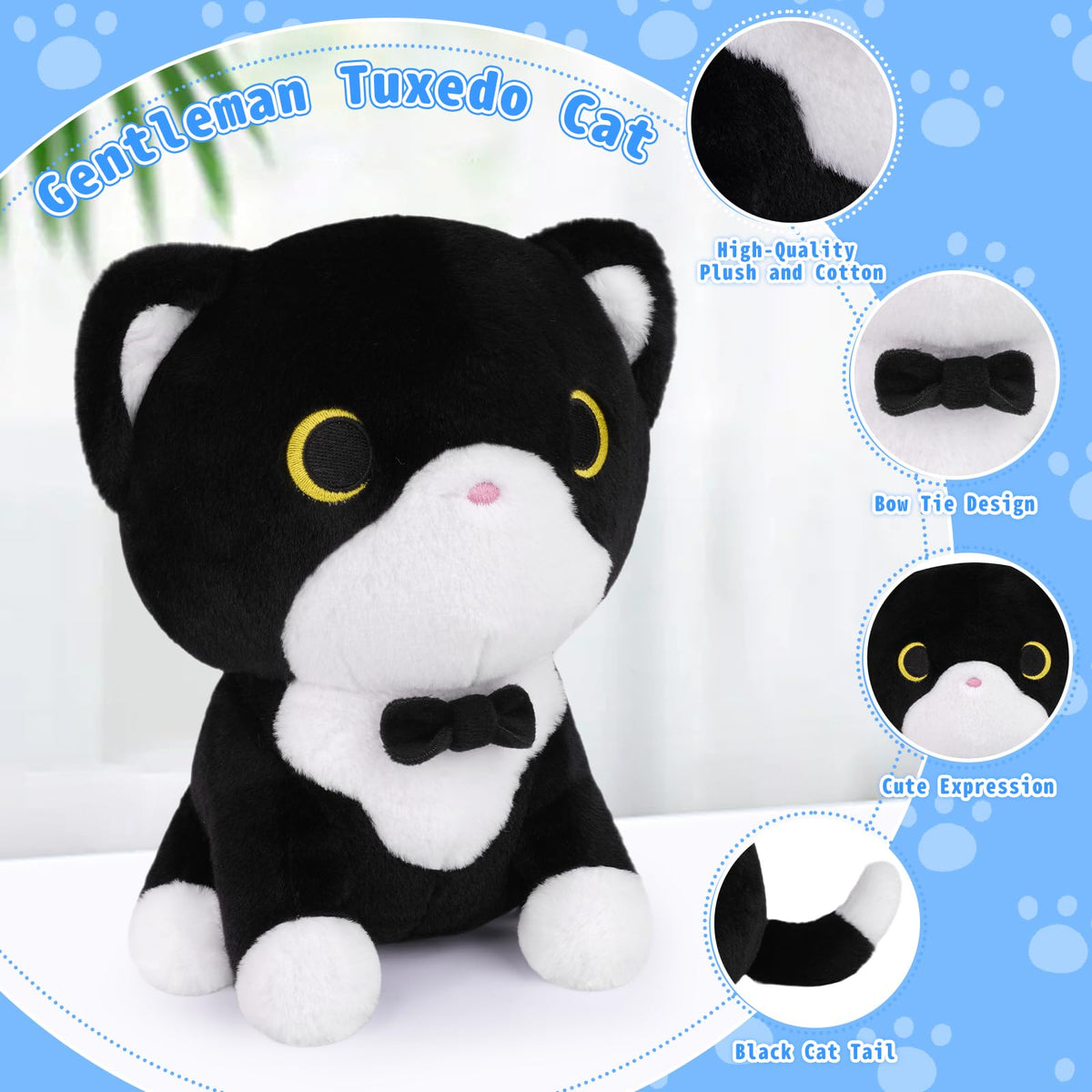 LSYDCARM Tuxedo Cat Plush Toy – Black and White Bow Tie Cat Stuffed Animal