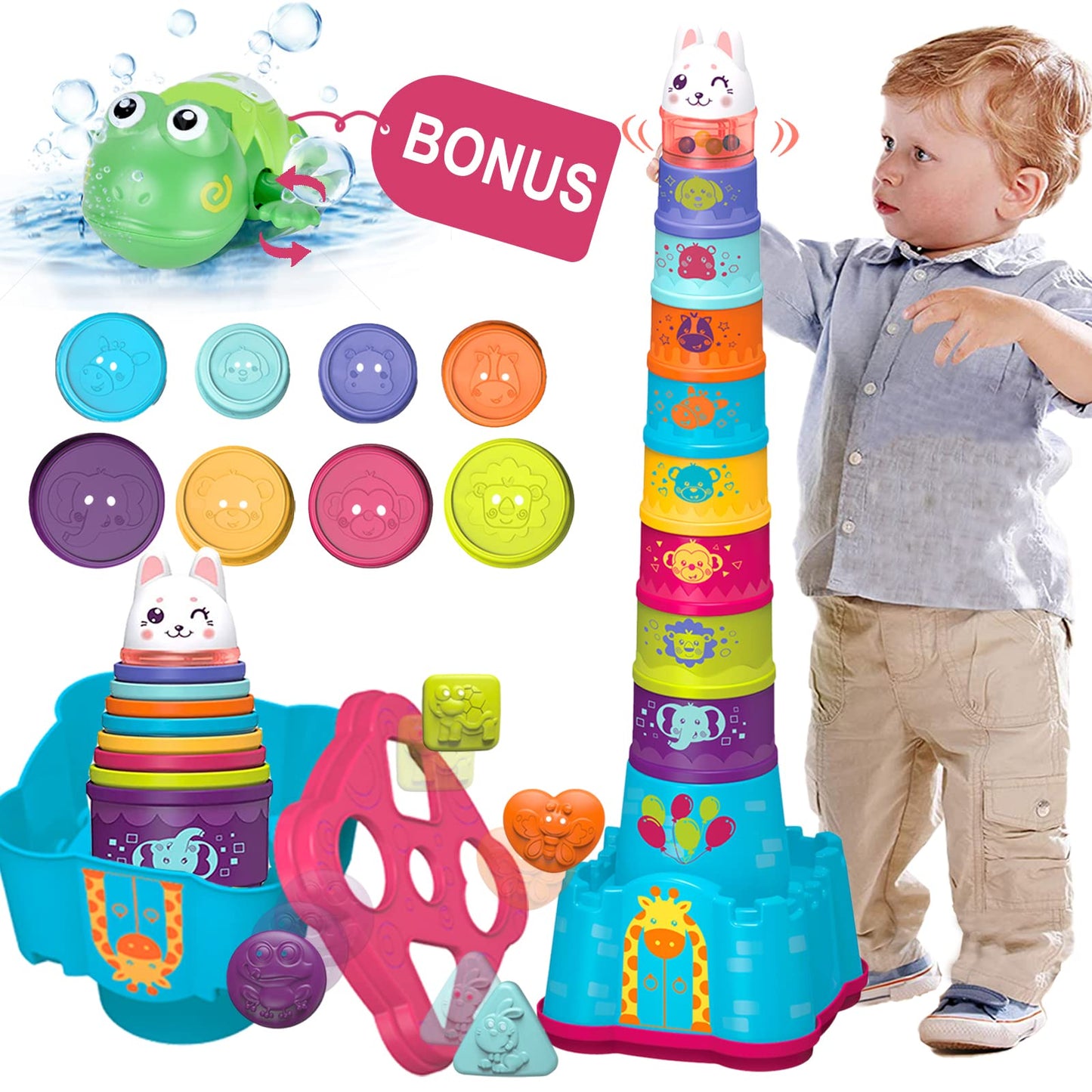 LTKFFFdp Baby Stacking Toys for Toddlers 1-3 | Nesting Cups, Shape Sorter & Bath Toy