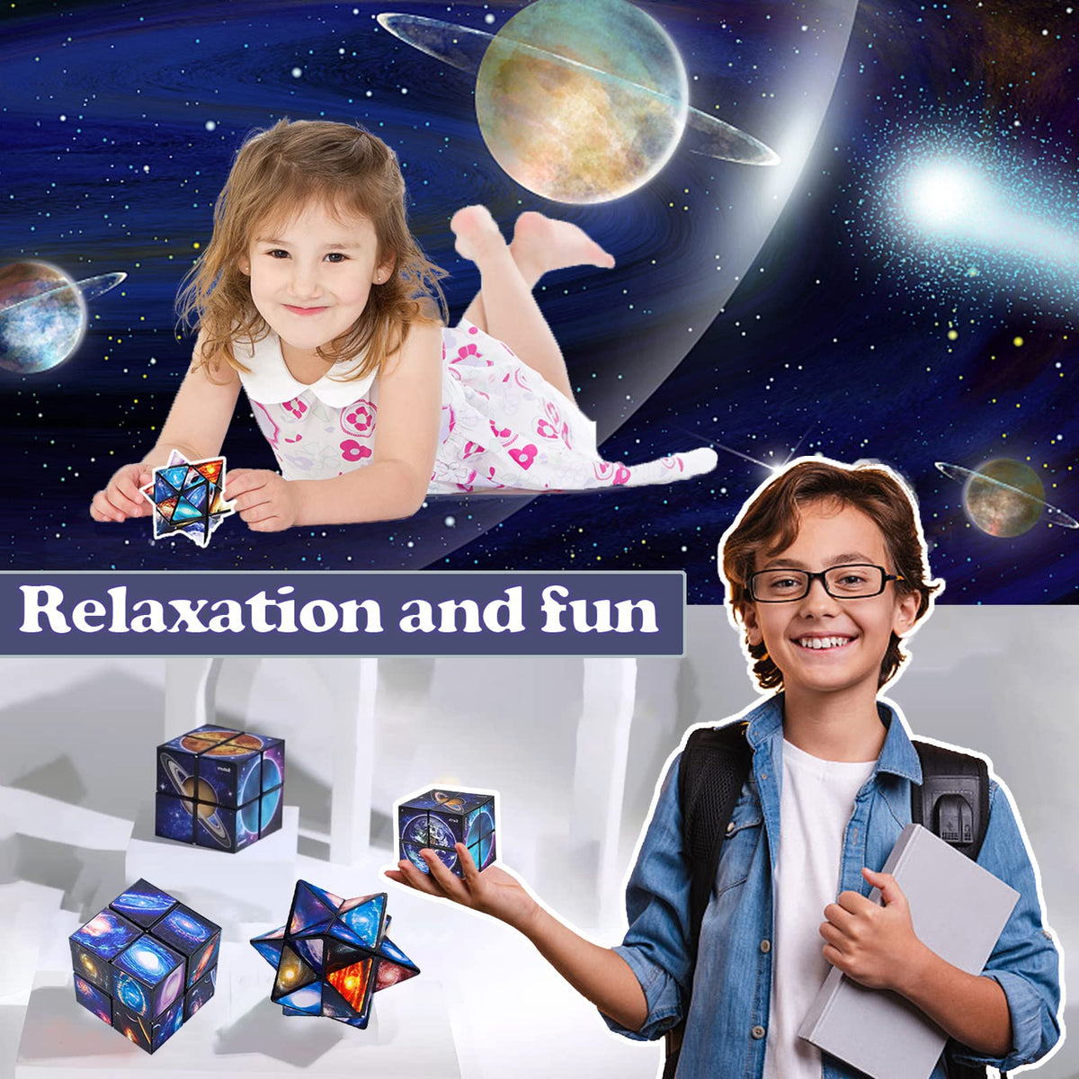 Luaxkpi Infinity Cube Toy – 2-in-1 Fidget Cube for Kids 8-12 | Star Cube Planet Stickers