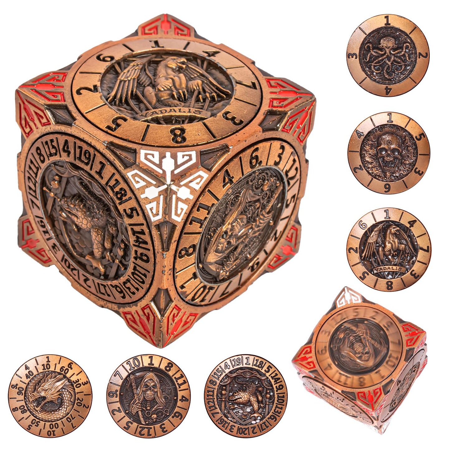 Luazuri DND Spinner Dice - 7-in-1 Metal Dice Set with 3D Dragon Relief (Ancient Gold Copper)