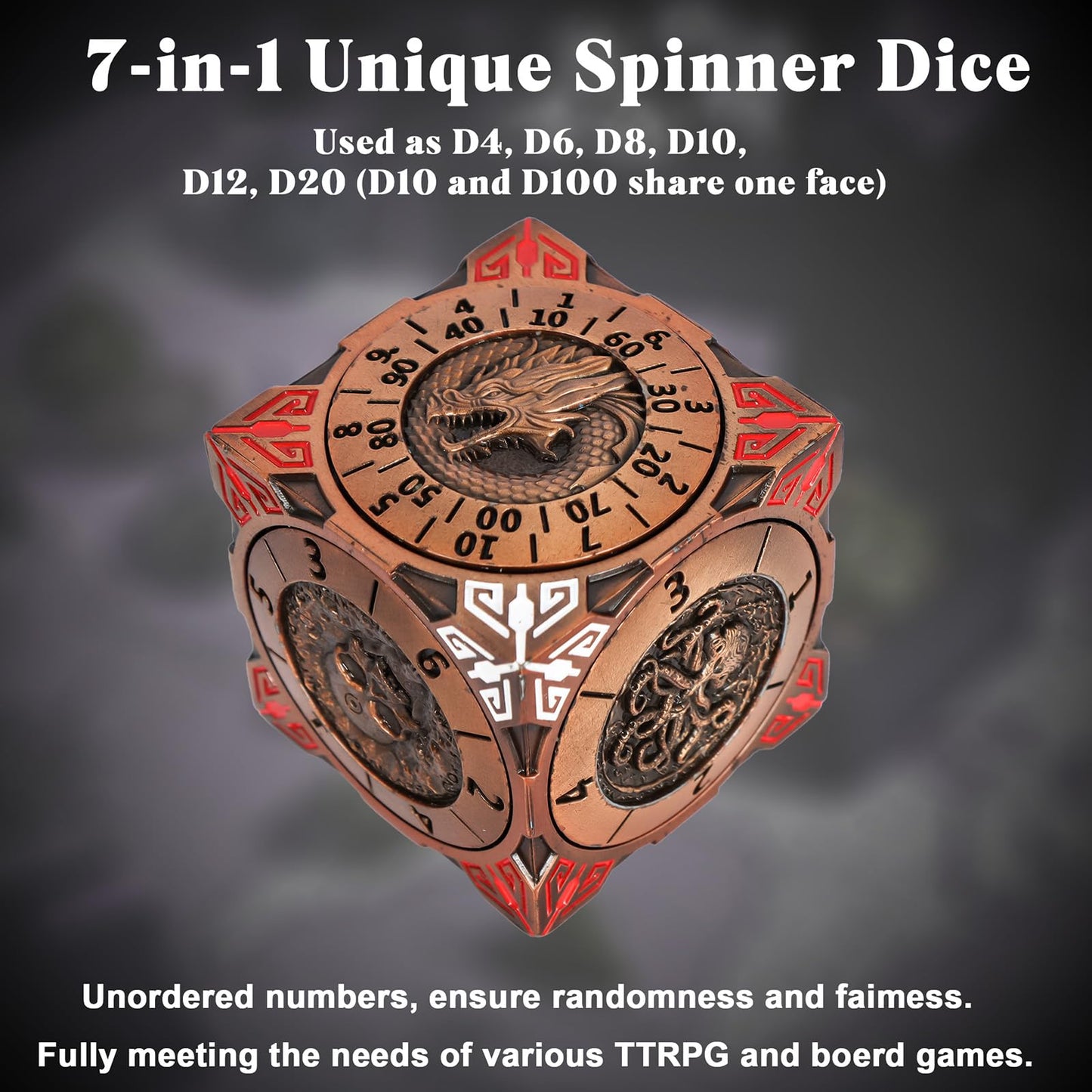 Luazuri DND Spinner Dice - 7-in-1 Metal Dice Set with 3D Dragon Relief (Ancient Gold Copper)