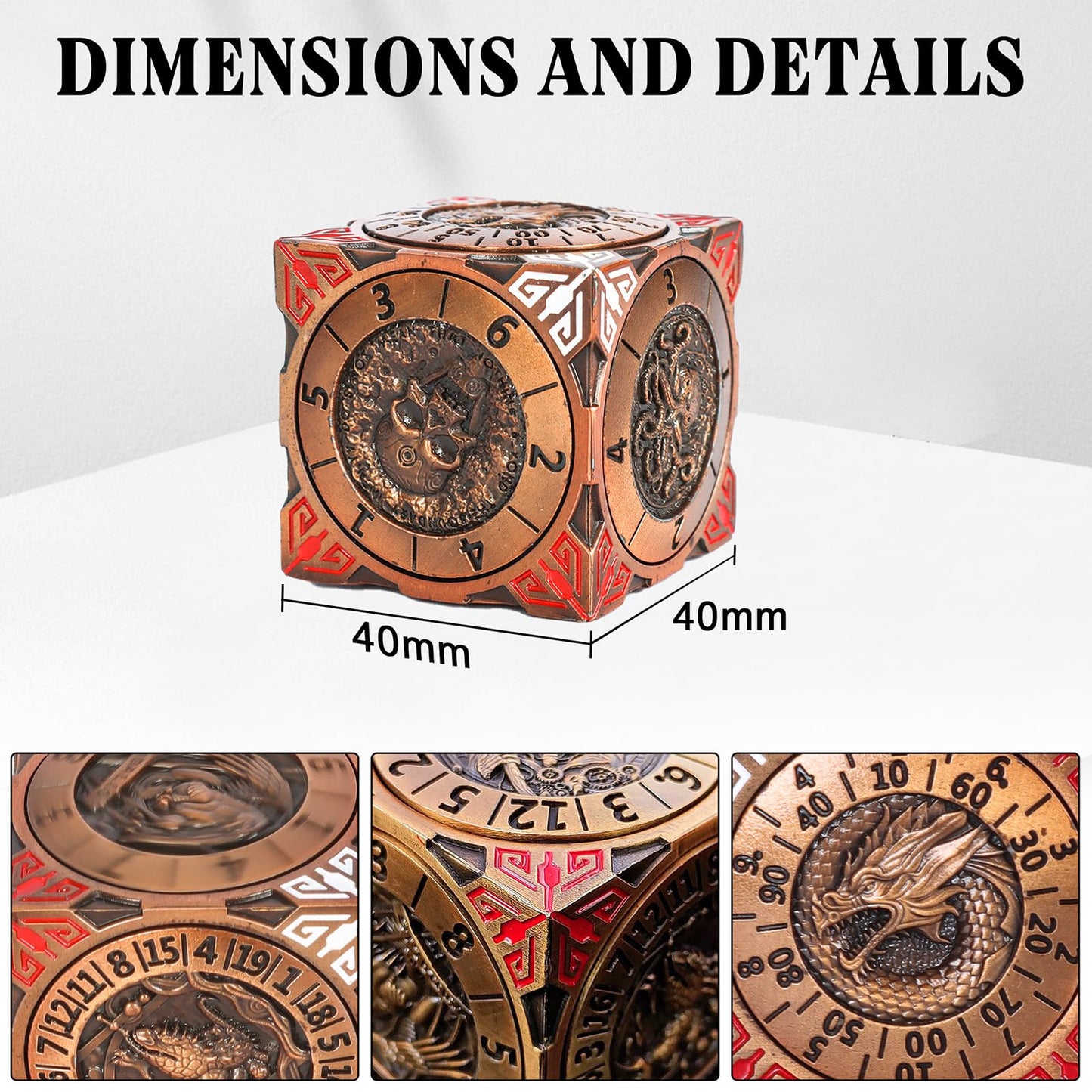 Luazuri DND Spinner Dice - 7-in-1 Metal Dice Set with 3D Dragon Relief (Ancient Gold Copper)