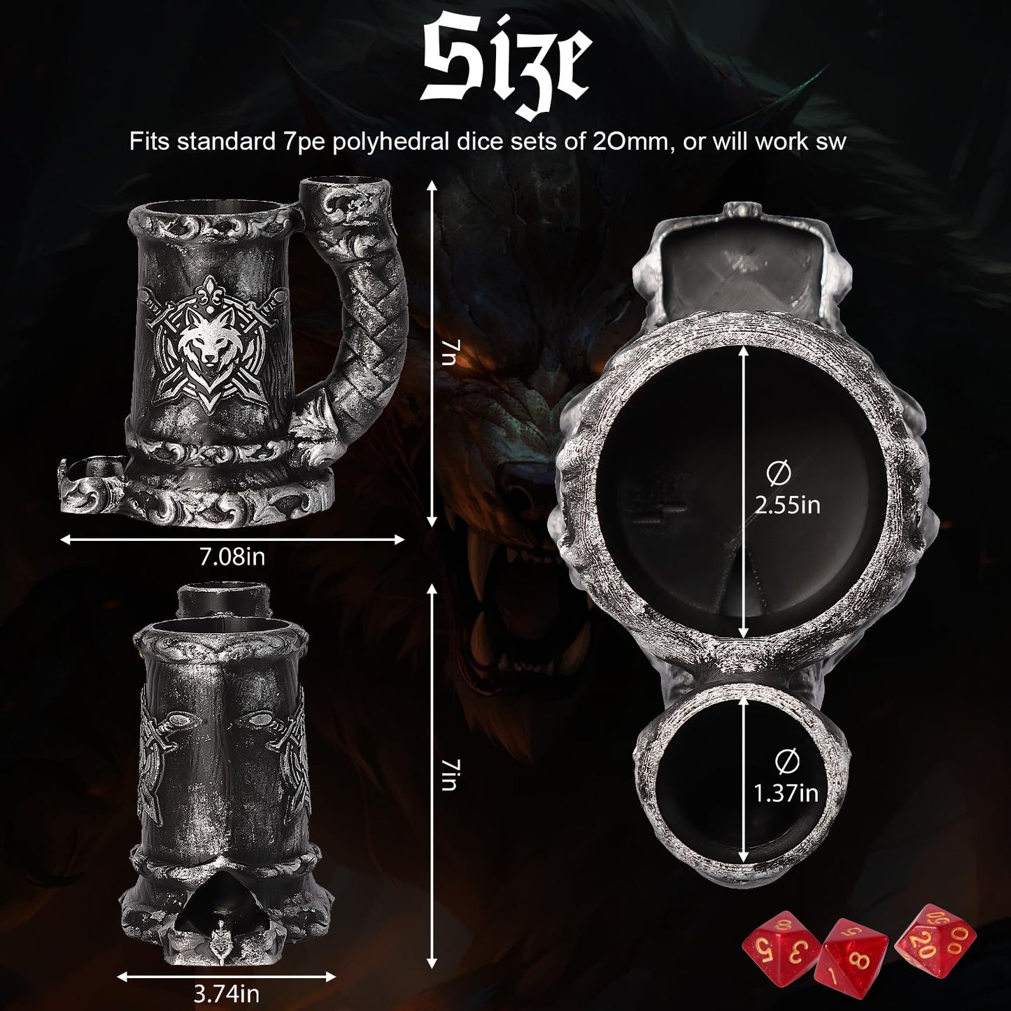 Luazuri Mug Dice Tower – 7-Piece D20 Dice Set Included, DND & Tabletop Gift, Black