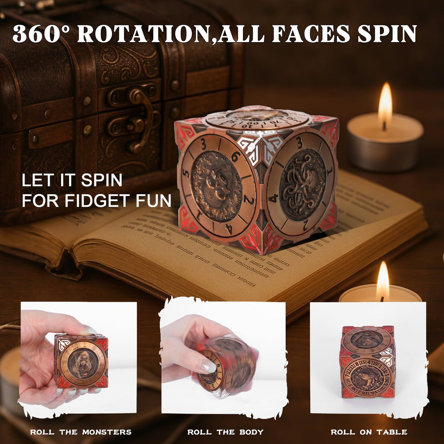 Luazuri DND Spinner Dice - 7-in-1 Metal Dice Set with 3D Dragon Relief (Ancient Gold Copper)