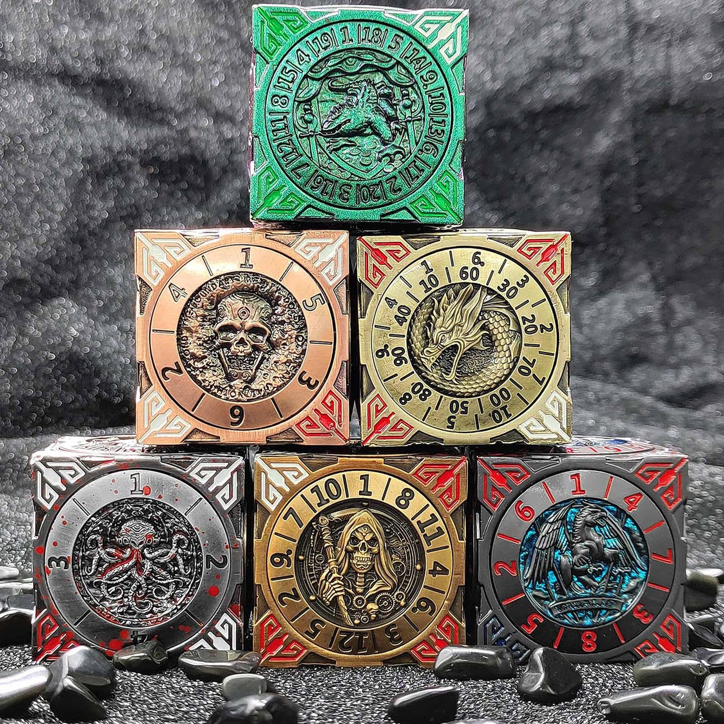 Luazuri DND Spinner Dice - 7-in-1 Metal Dice Set with 3D Dragon Relief (Ancient Gold Copper)
