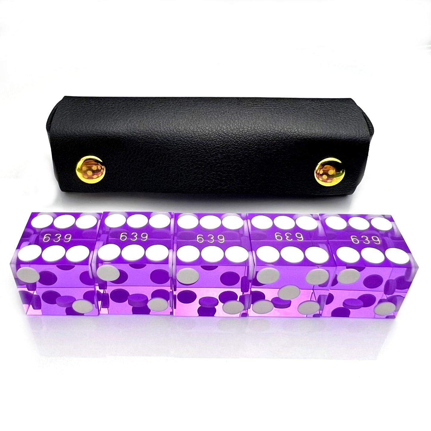 Luck Lab Grade AAA 19mm Casino Dice with Razor Edges and Matching Serial Numbers - 5-pack + Leather Case (Purple)
